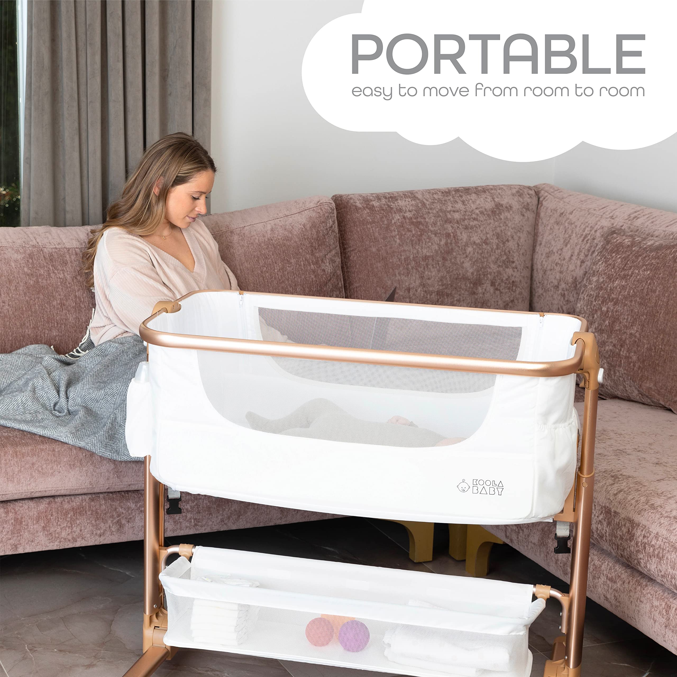 KoolerThings Baby Bassinet - Portable Folding Crib with Storage Basket & Mattress | Bedside Sleeper for Newborns | Travel Bag Included | White & Gold | Perfect for Nursery, Bedroom & Travel