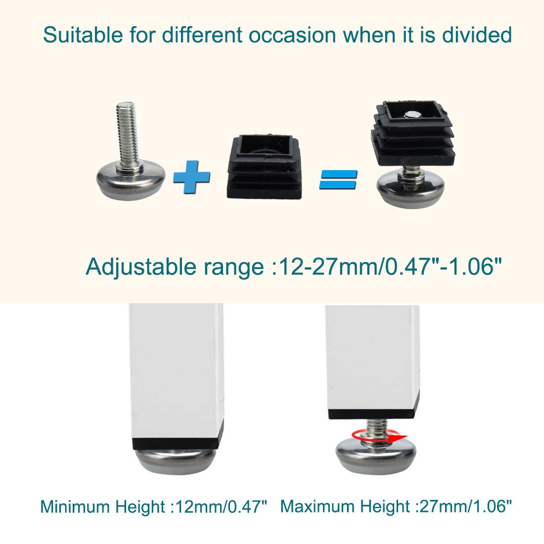 Adjustable Leveling Feet 25x25mm Square Tube Inserts Kit - Furniture Glides for Table & Desk Legs (2 Sets) - Perfect for Home Office, Workbench & Workshop Stability