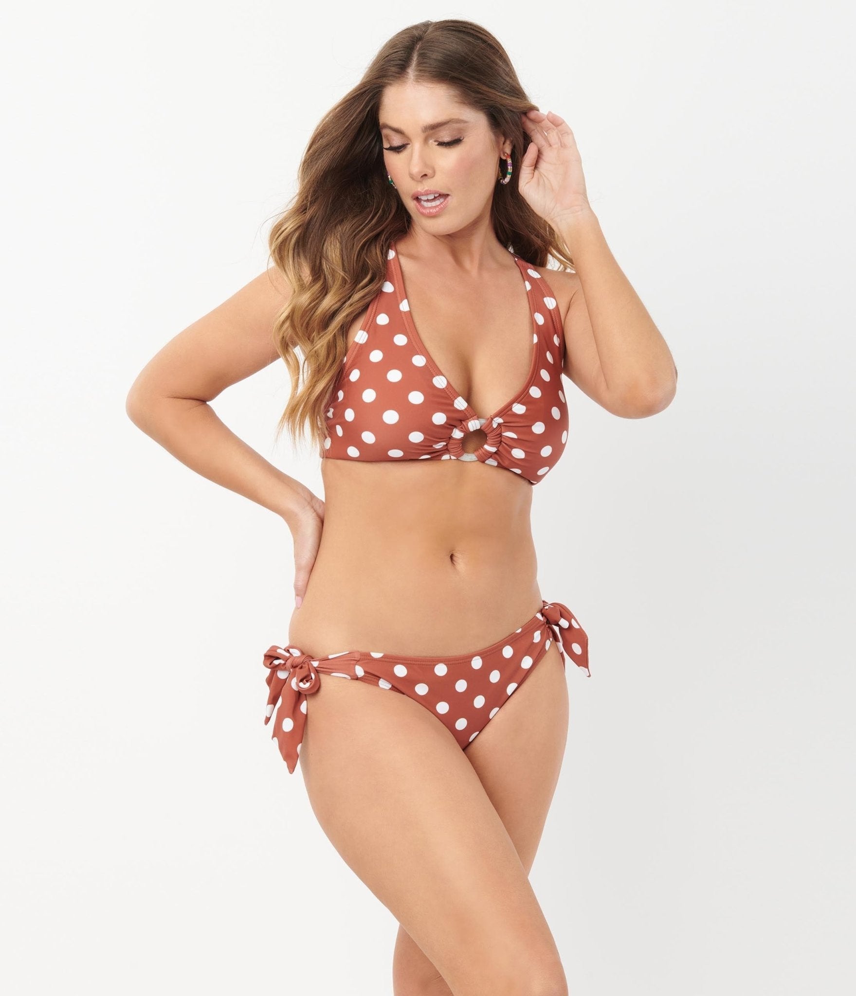 Vintage 1970s Rust & White Polka Dot High Waisted Swim Bottoms - Retro Beachwear for Women, Perfect for Pool Parties & Summer Vacations