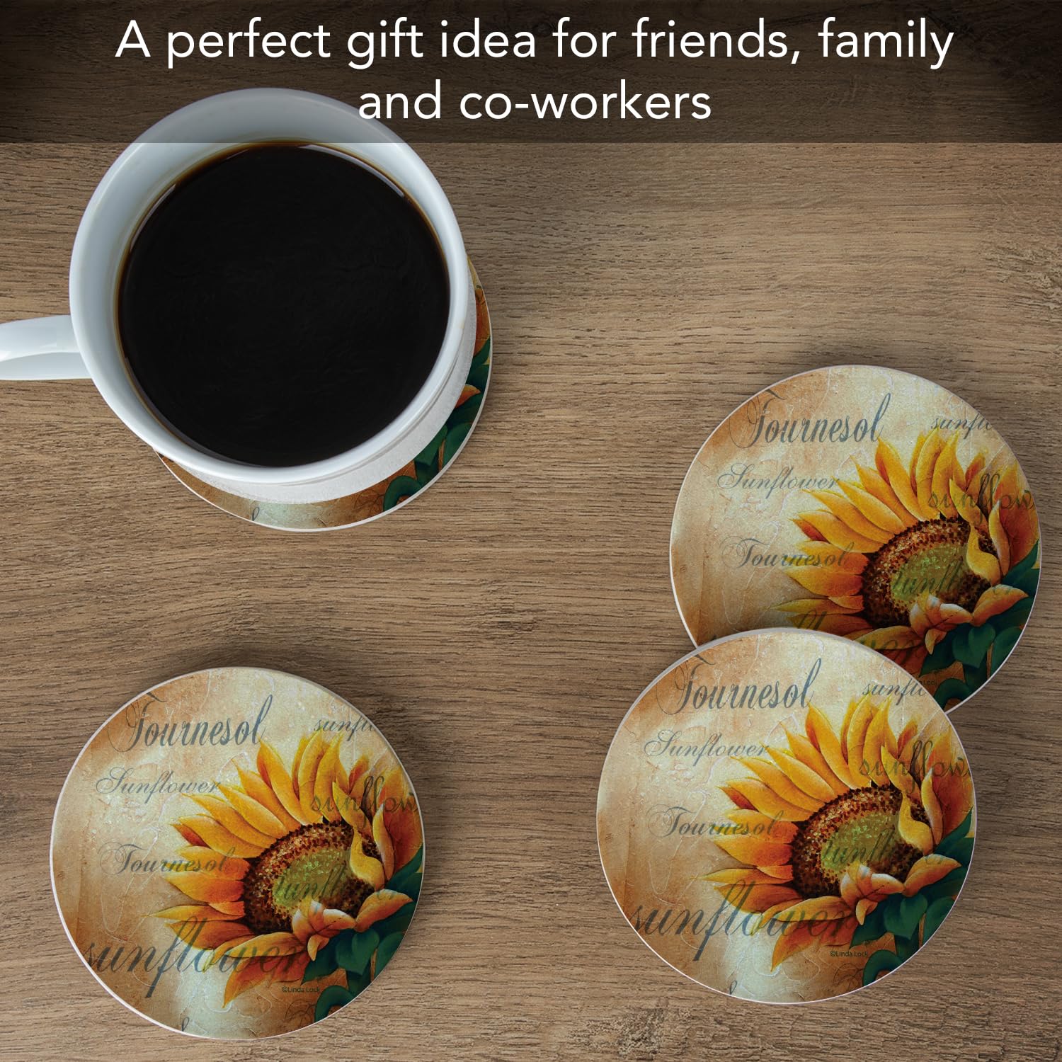 Thirstystone Sunflower II Natural Sandstone Coasters - Set of 4 | Eco-Friendly, Absorbent & Easy to Clean Drink Coasters for Home, Bar, Office & Outdoor Use