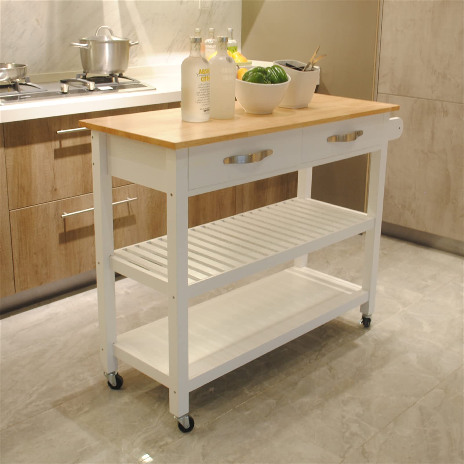 Kitchen Island Cart with Rubber Wood Top - Mobile Kitchen Cart with 2 Lockable Wheels & 2 Drawers for Utensil Storage - White - Perfect for Small Kitchens, Food Prep & Extra Counter Space