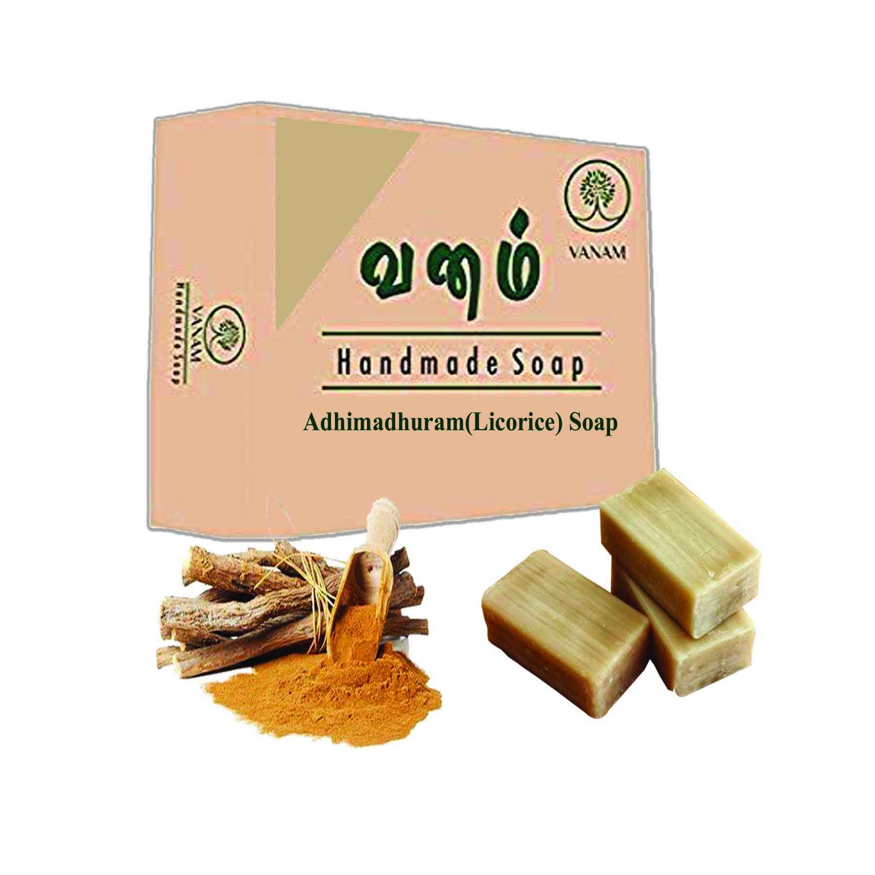 VANAM Handmade Herbal Adhimadhuram Soap Bar (Licorice | Mulethi | Yashimadhu | Glycyrrhiza Glabra) - Natural Skin Care for Dry & Sensitive Skin - Set of 5 - Perfect for Relaxing Baths & Ayurvedic Self-Care Rituals