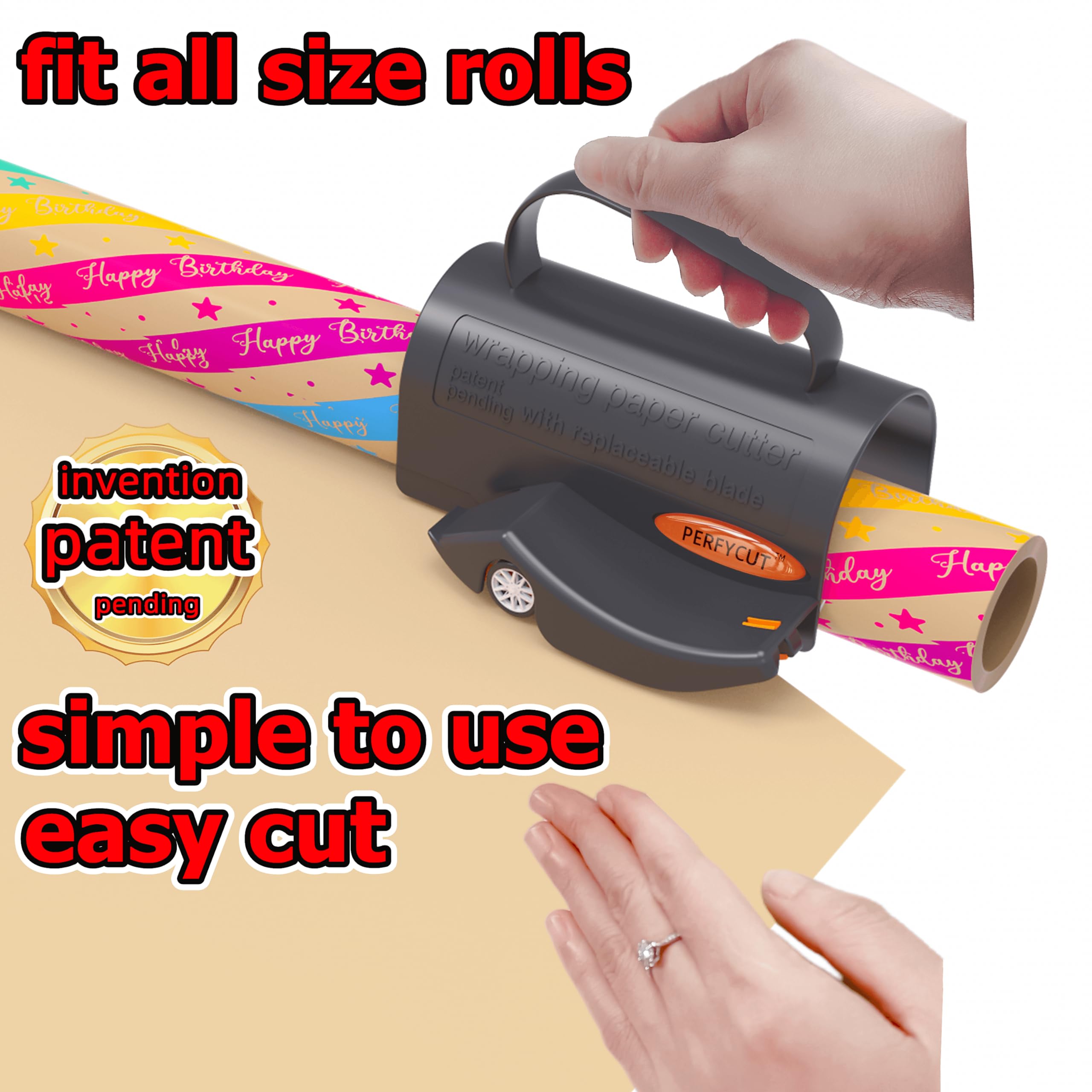 Premium Wrapping Paper Cutter with 3 Replaceable Blades - Gift Wrapping Tool for Birthday, Christmas & Holiday Presents - Easy Sliding Slicing & Tube Holder - Perfect for Home, Office & Crafting Projects