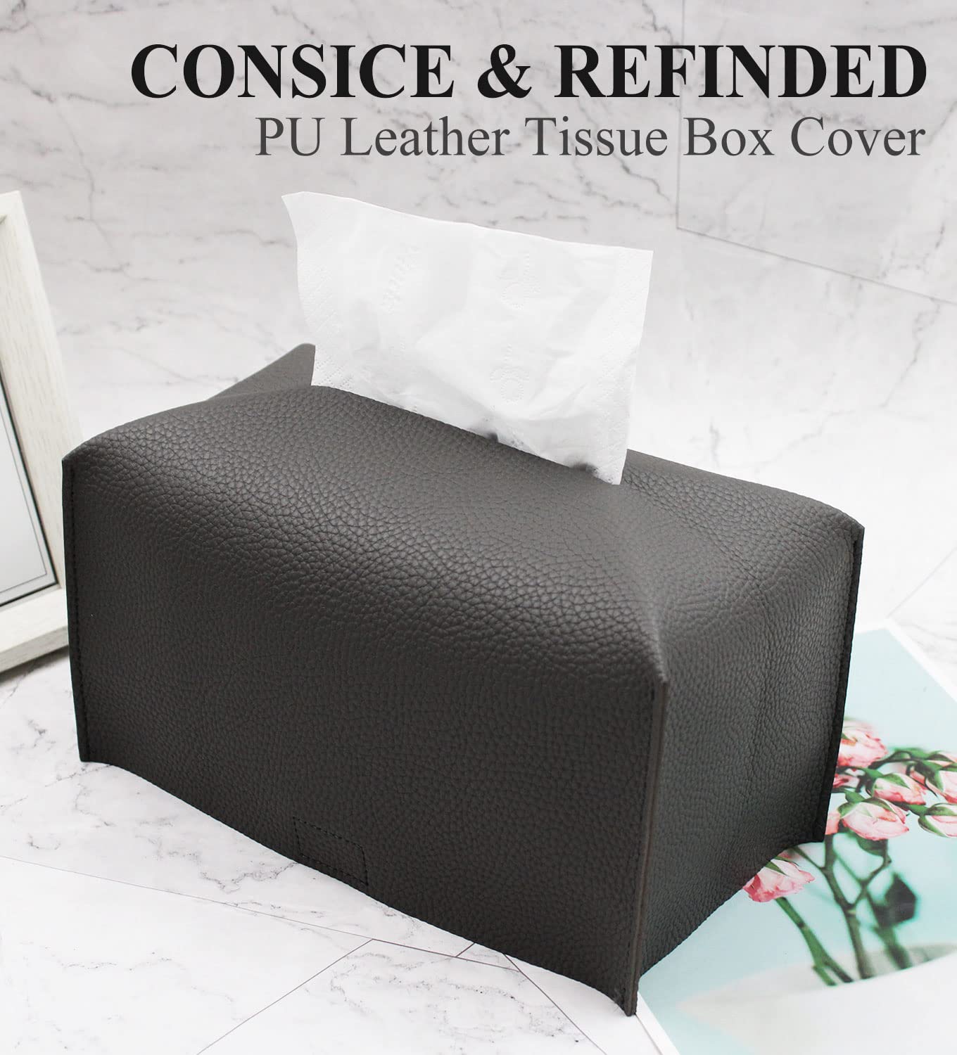 Modern PU Leather Tissue Box Cover - Rectangular Decorative Organizer Holder for Vanity, Nightstand, Living Room, Office & Car (9.5