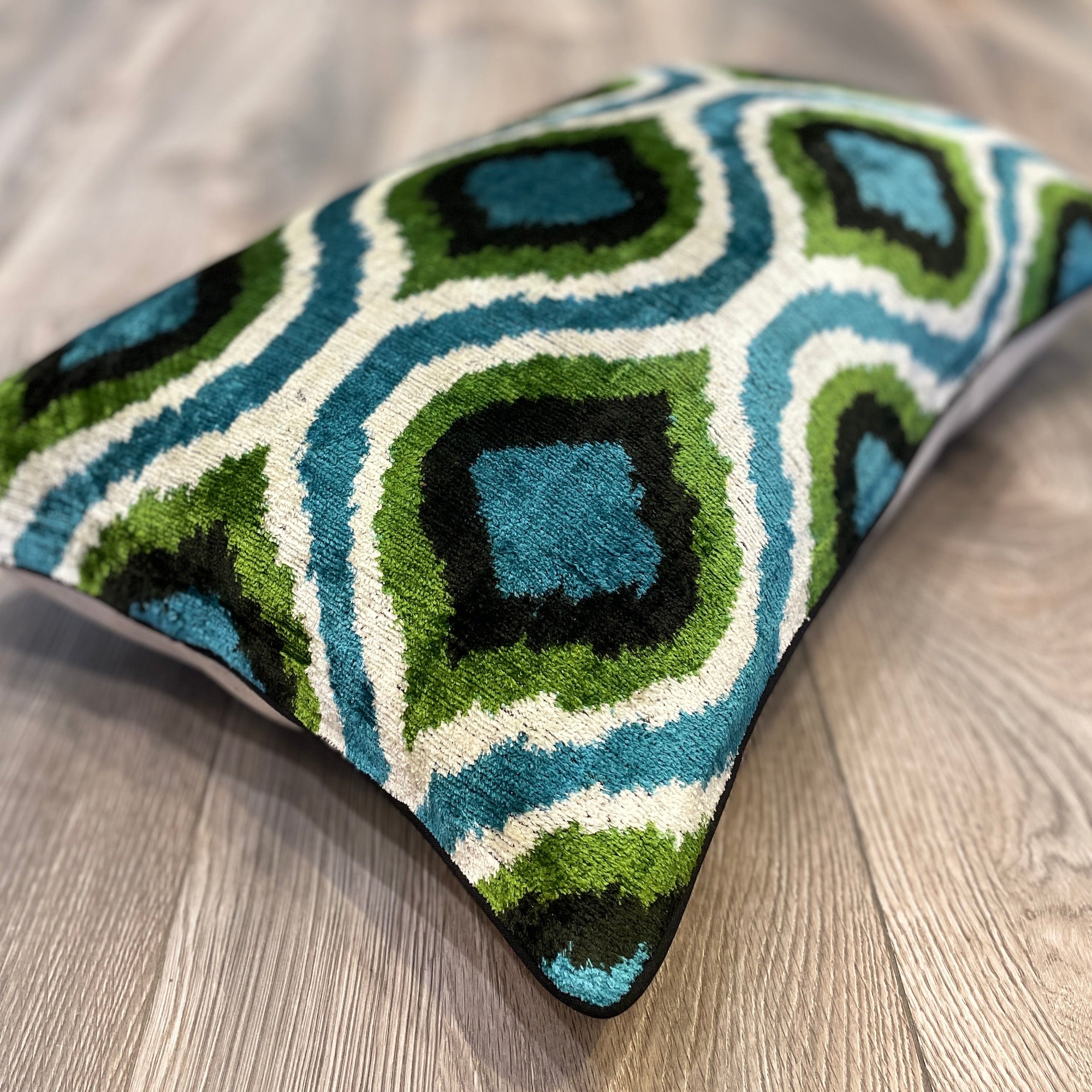 Luxury Velvet Ikat Cushion Cover - Aquamarine Blue Bohemian Decorative Pillow for Sofa, Bed & Home Decor | Perfect for Living Room, Bedroom & Nursery Accents