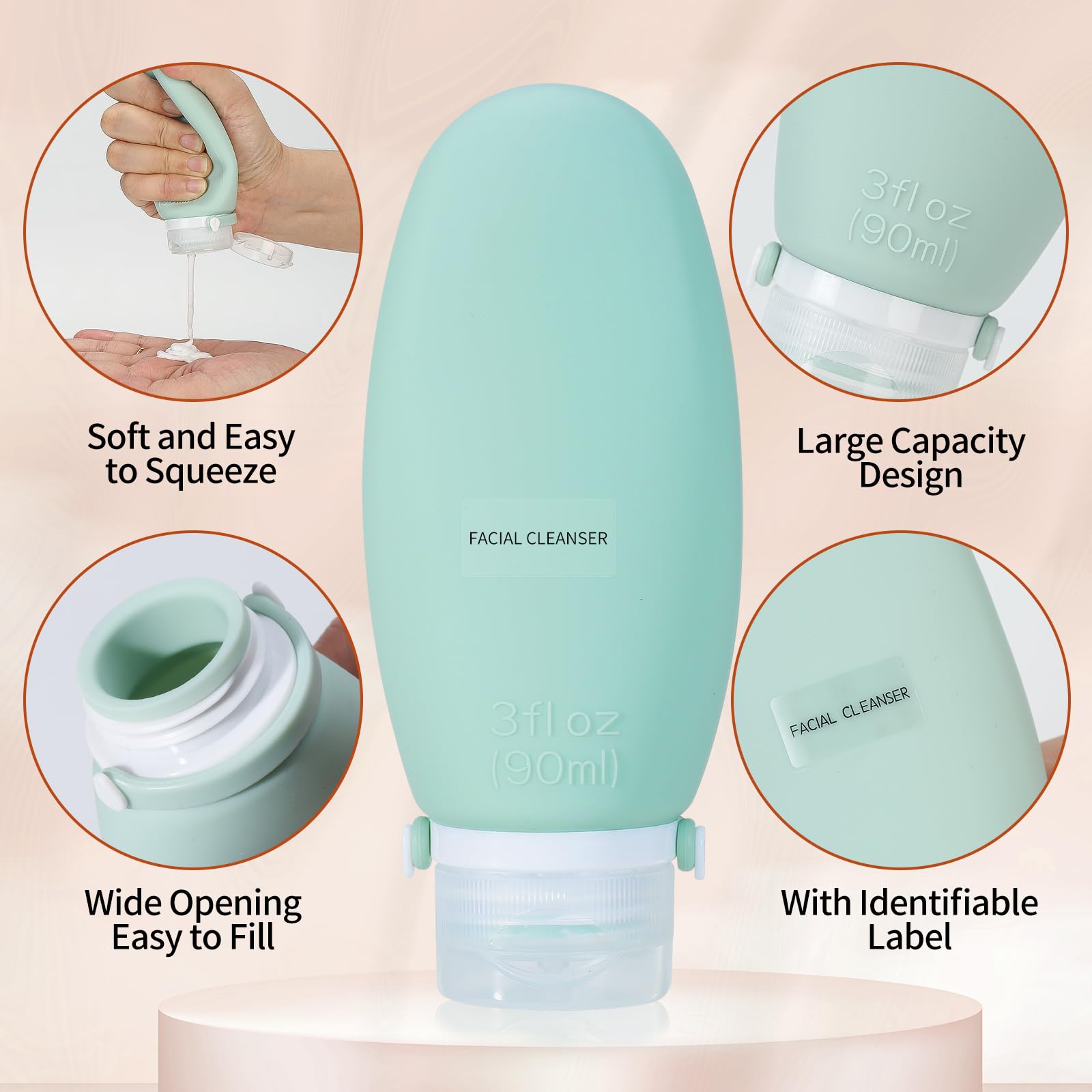 4-Pack 3oz TSA Approved Silicone Travel Bottles for Toiletries - Leak Proof Refillable Containers for Shampoo, Conditioner & Lotion | Perfect for Air Travel, Gym & Vacation Essentials