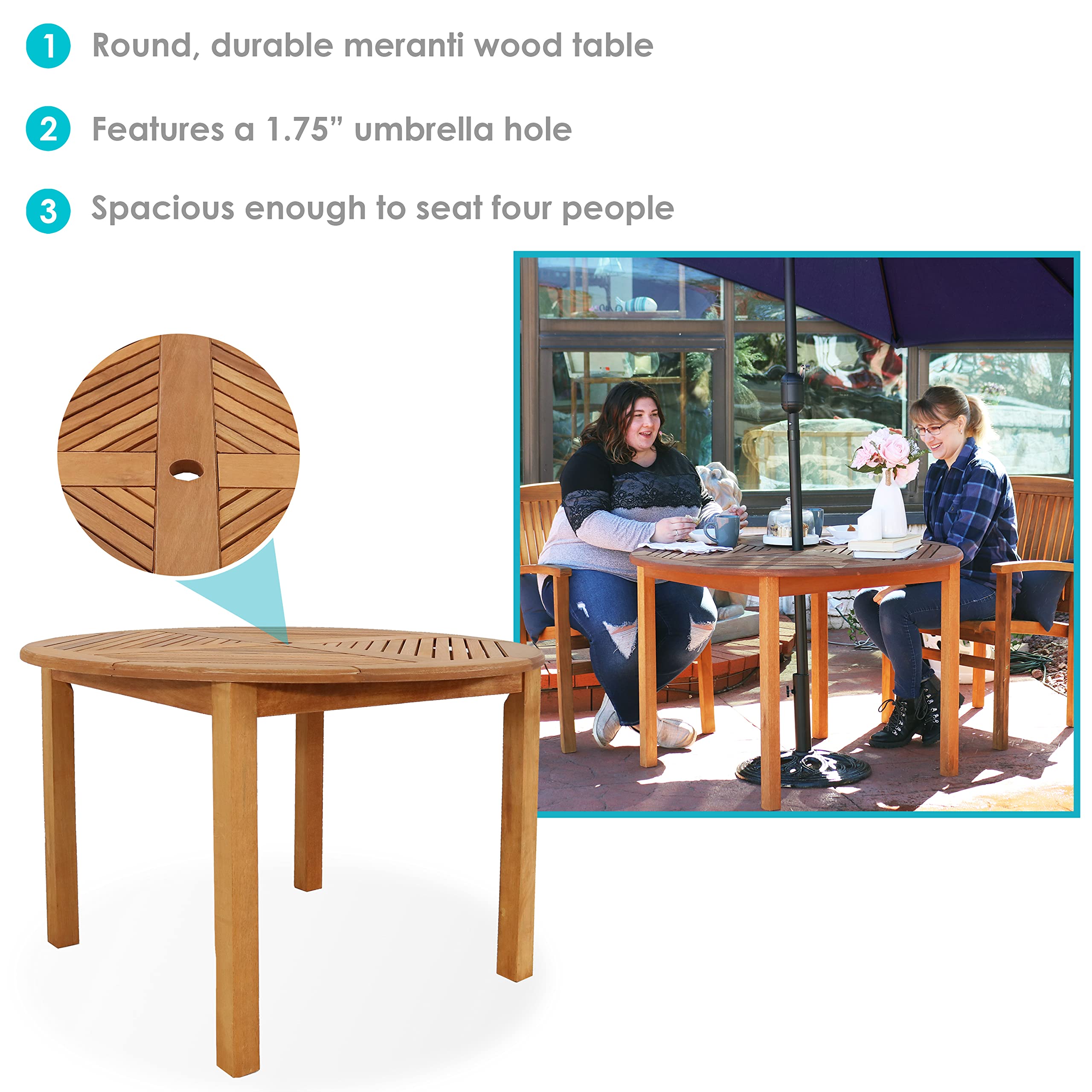 Sunnydaze 42-Inch Meranti Wood Round Outdoor Dining Table with Umbrella Hole - Teak Oil Finish - Weather-Resistant Patio Furniture for Garden, Deck, Backyard Dining & Entertaining