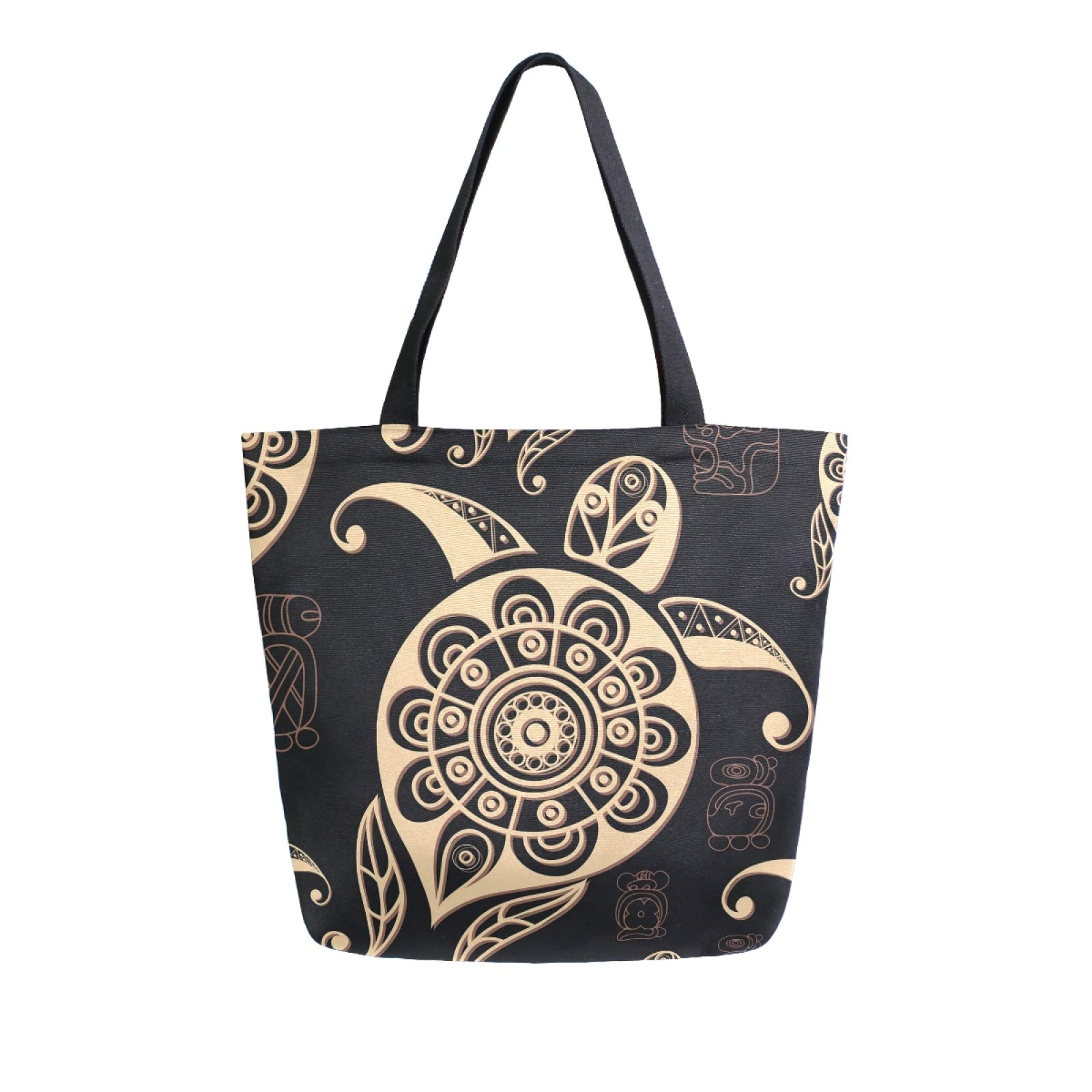 Handmade Gold Sea Turtle & Lotus Flower Design Black Canvas Reusable Grocery Tote Bag - Eco-Friendly Large Shoulder Bag for Women - Perfect for Shopping, Travel, Beach & Outdoor Activities