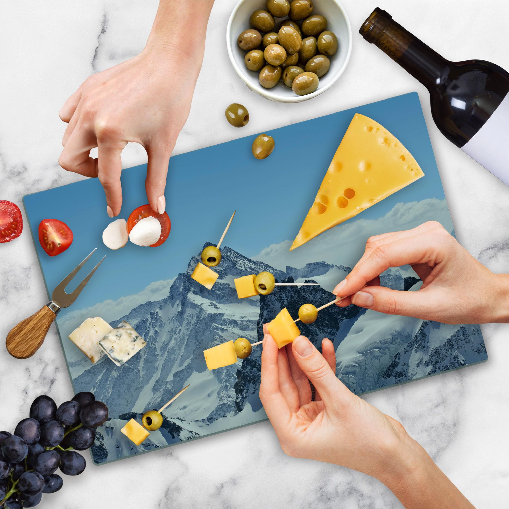 Ambesonne Winter Themed Tempered Glass Cutting Board - Snowy Rocky Mountain Peaks Landscape Design - Large White & Blue Decorative Serving Board for Cheese, Charcuterie & Holiday Entertaining - Durable Kitchen & Dining Accessory for Christmas, Winter Parties & Home Decor