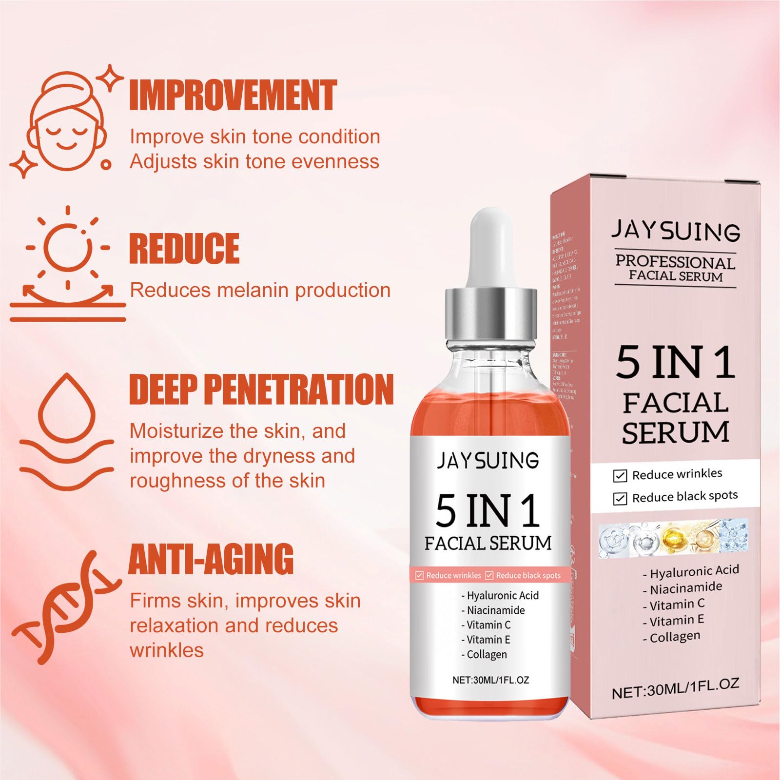 5 in 1 Anti-Aging Facial Serum with 30% Vitamin C, Niacinamide & Hyaluronic Acid - Hydrating Collagen Boost Serum Reduces Wrinkles & Fine Lines - 1.05 Fl.oz for Glowing Skin Day & Night Care