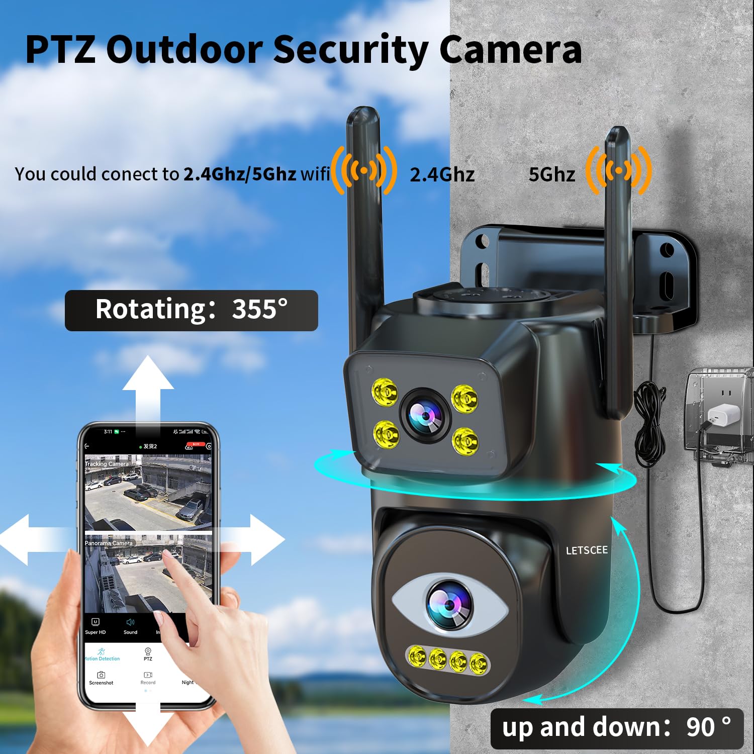 Dual Lens WiFi Security Camera Outdoor - 2.4G/5G PTZ Plug-in Auto Tracking Home Surveillance System with Night Vision & 24/7 Recording | Ideal for Home Security, Baby Monitoring & Property Protection