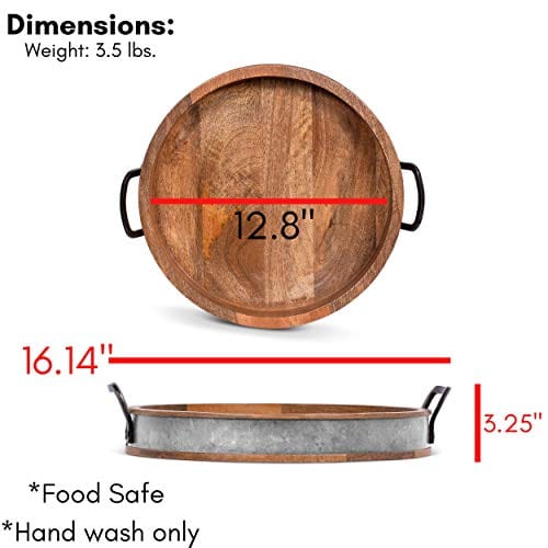 BIRDROCK HOME Round Wooden Serving Tray with Handles - Rustic Iron Accent Breakfast Tray for Coffee, Tea & Cheese - Natural Wood & Iron Kitchen Bar Tray - Perfect for Breakfast in Bed, Entertaining Guests & Coffee Table Décor