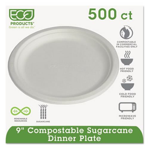 Eco-Friendly Compostable Sugarcane Plates 9 Inch - 500 Pack | Biodegradable Disposable Dinnerware for Parties, Picnics & Events | Natural White Sustainable Tableware