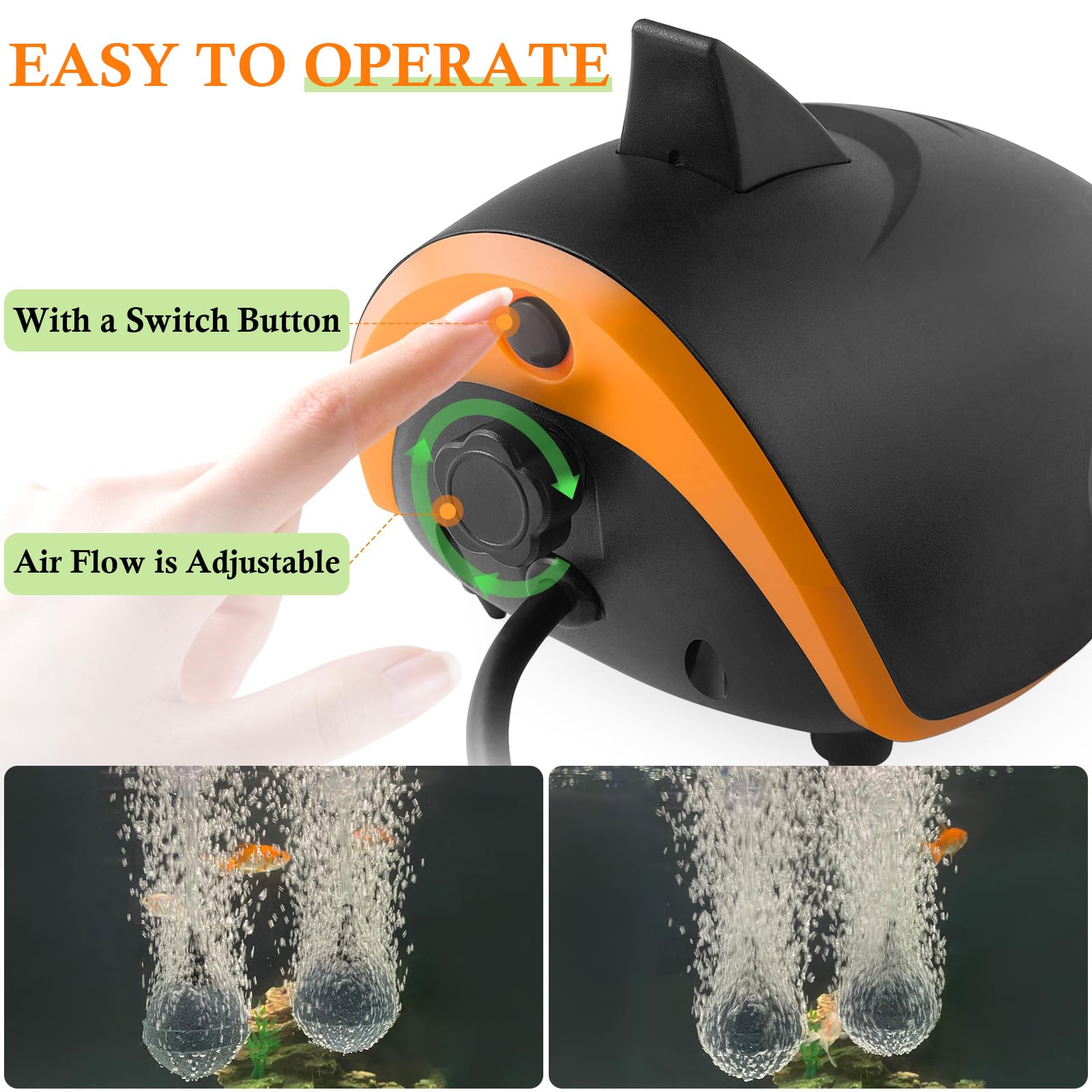 HITOP 4W 110GPH Powerful & Quiet Aquarium Air Pump with 2 Outlets - Adjustable Fish Tank Aerator Pump with Accessories for 20-200 Gallon Tanks - Perfect for Home Aquariums, Fish Breeding & Hydroponics Systems