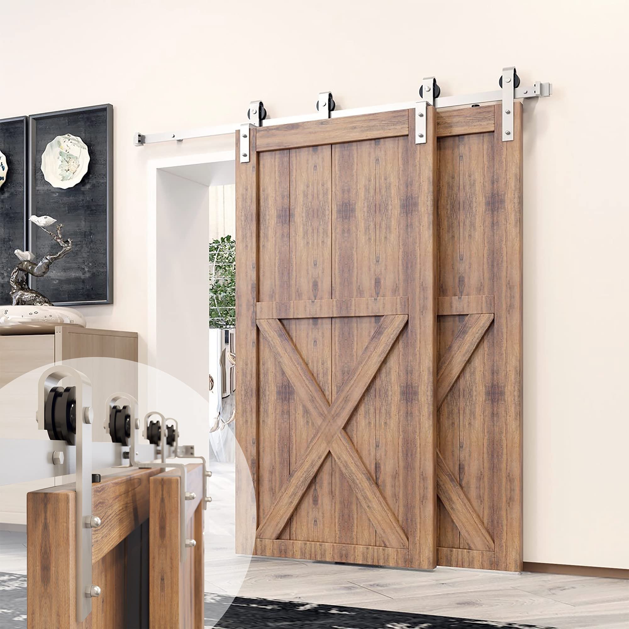 Homacer Brushed Nickel Single Track Bypass Sliding Barn Door Hardware Kit - 5ft Long Flat Track for Double Doors with Classic Roller Design | Perfect for Bedroom, Closet & Farmhouse Style Interior Decor