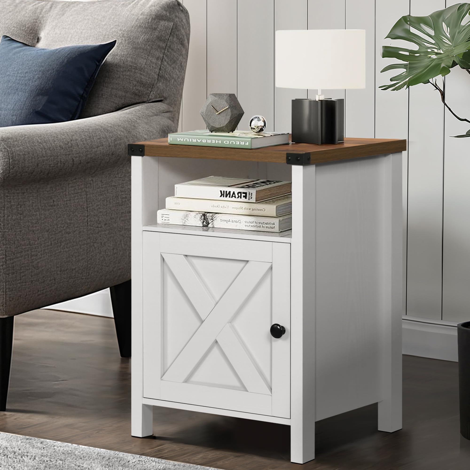 Farmhouse End Table Set of 2 - Rustic Night Stand with Barn Door & Storage Shelf - White Side Table for Bedroom, Living Room - Perfect for Farmhouse Decor & Small Space Storage