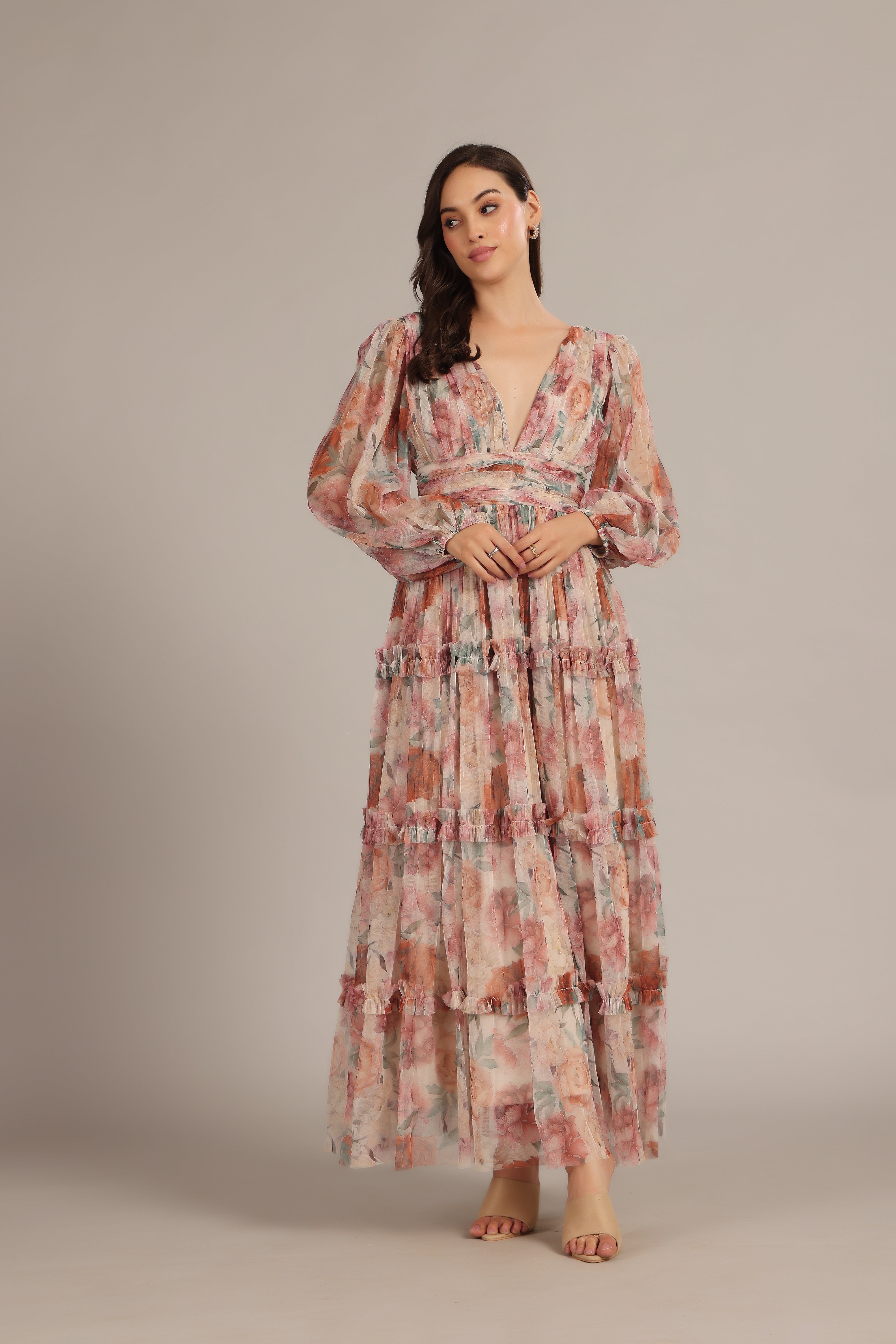 Lydia Maxi Dress - Light Brown Floral Print Women's Long Summer Dress for Beach, Vacation & Casual Wear