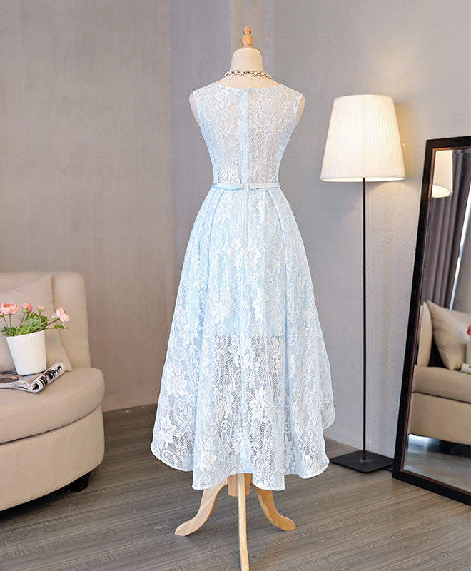 Light Blue Lace High Low Prom Dress for Women - Elegant Homecoming Party Gown with Floral Appliques - Perfect for Prom Night, Homecoming Dance, and Formal Occasions