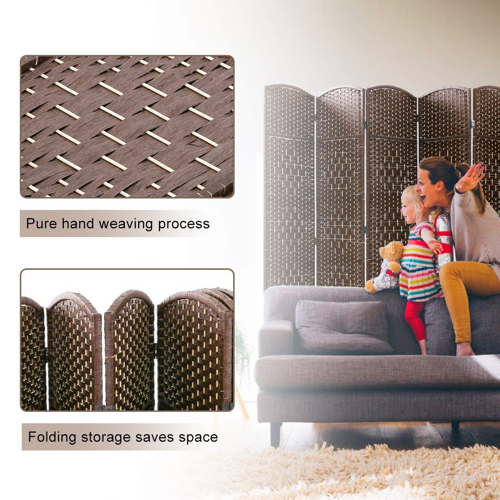 HGS 6 Panel Wooden Room Divider - 6FT Foldable Privacy Screen, Freestanding Partition with Weave Fiber Design in Brown | Perfect for Home Office, Bedroom Separation, and Event Spaces