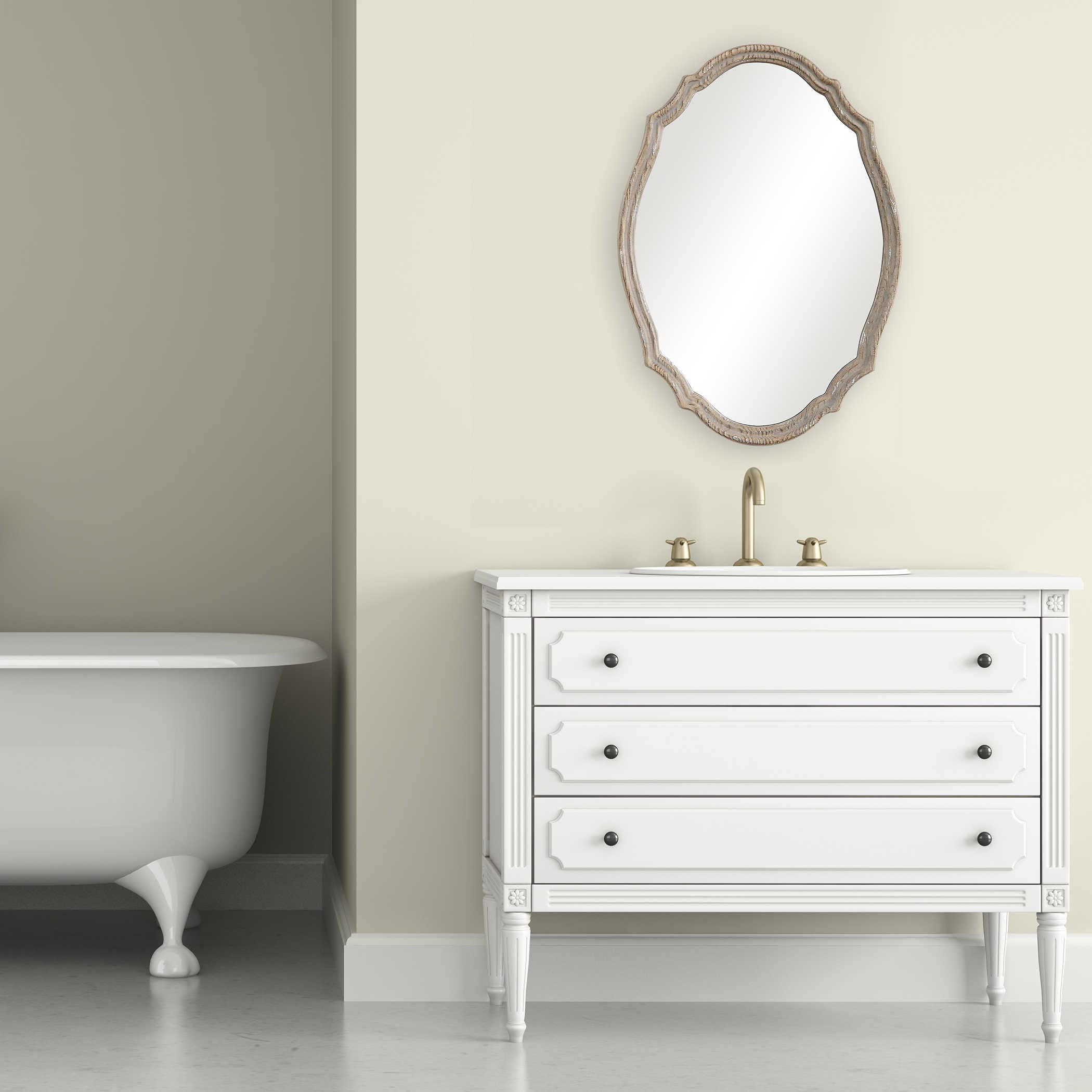 Spinner Moss & Fig Joshua Natural Wood Oval Wall Mirror - Light Ivory Distressed Finish (24”W x 34”H x 2”D) - Perfect for Farmhouse, Boho & Rustic Home Decor - Living Room, Bedroom, Entryway