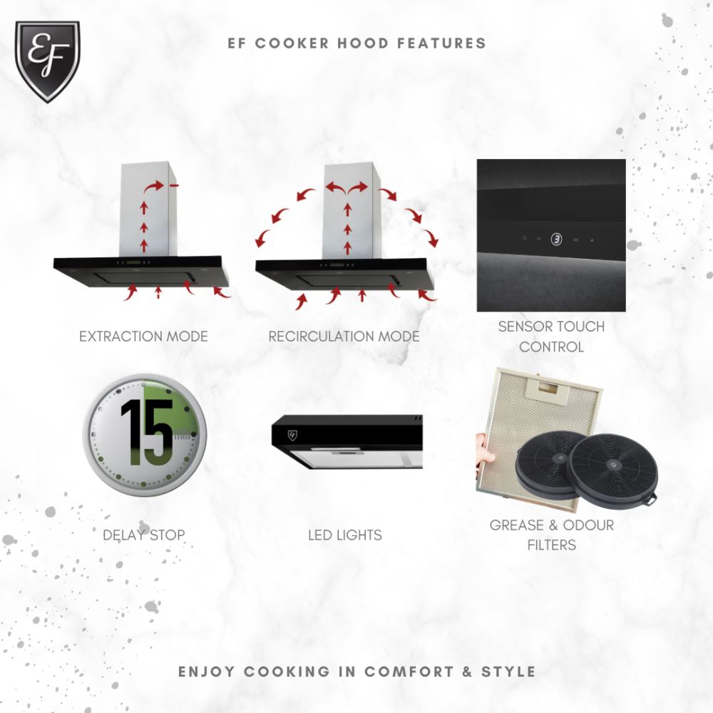EF EFCH 9101 HM SSL SLIMLINE HOOD 90cm - Modern Kitchen Range Hood with Powerful Extraction - Perfect for Small Kitchens & Apartments