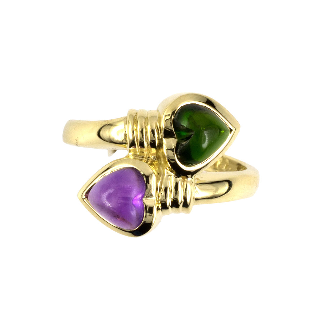 Green Tourmaline & Amethyst Heart Bypass Ring - Elegant Gemstone Jewelry for Women | Perfect for Valentine's Day, Anniversary & Romantic Gifts