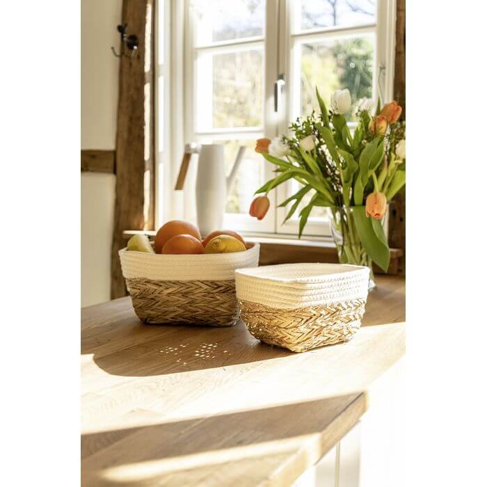 Rika Medium Rectangular Storage Basket - White & Natural Woven Organizer for Home, Office, Nursery Organization | Perfect for Shelves, Closets & Bathroom Storage