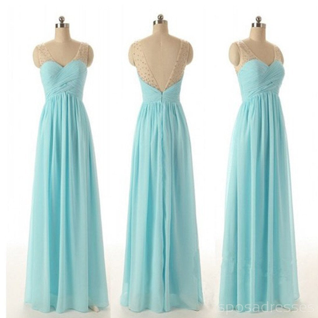 Junior Off Shoulder V-Neck Blue Chiffon Formal Bridesmaid Dresses - Elegant Wedding Party Gown for Bridal Shower, Prom & Special Occasions (Style WG56)