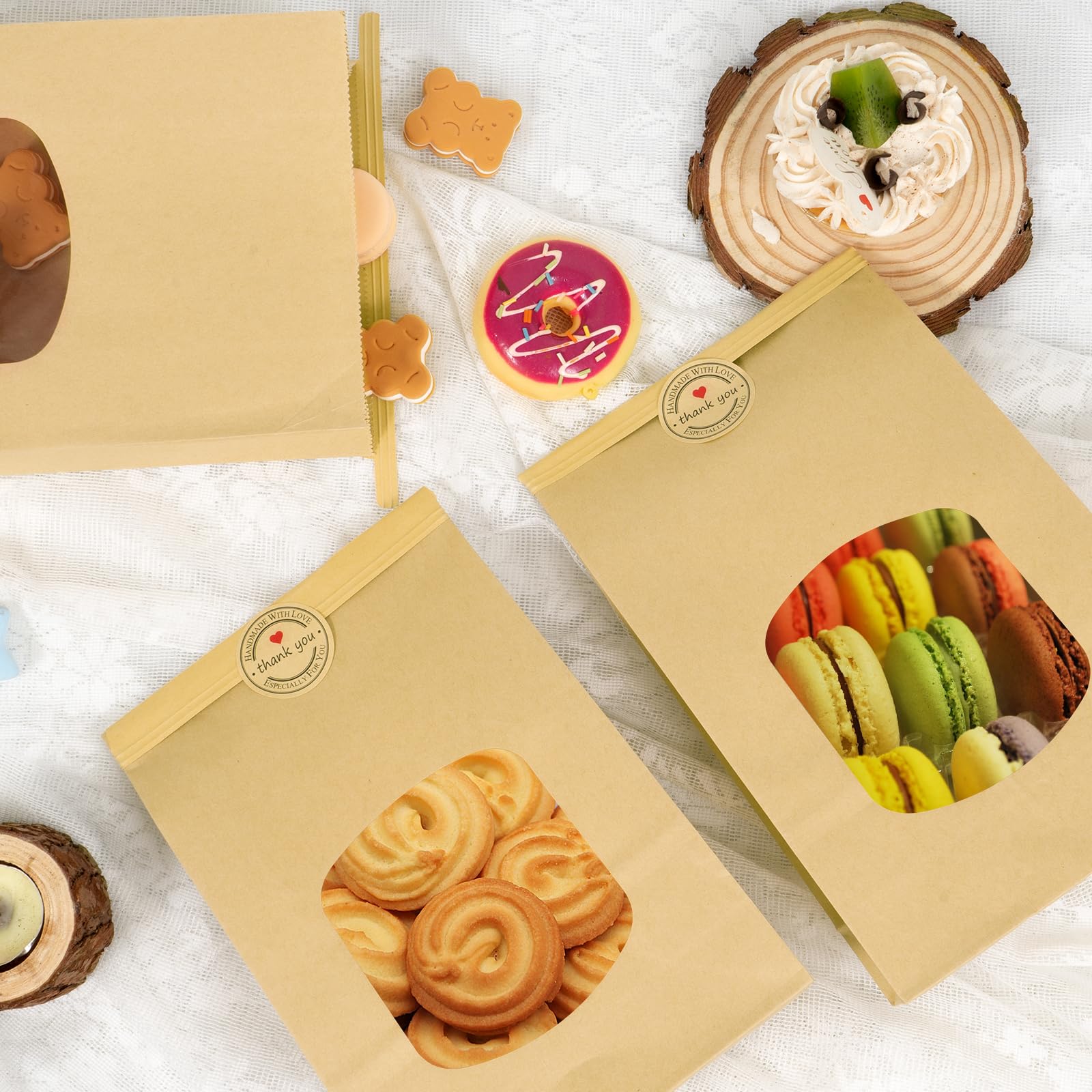9.6x6.1x2.7 Inch Brown Bakery Bags with Window - 30 Pack Kraft Paper Cookie Bags with Tin Tie Tab Lock & Free Stickers - Perfect for Cookies, Bread, Pastries and Gift Packaging