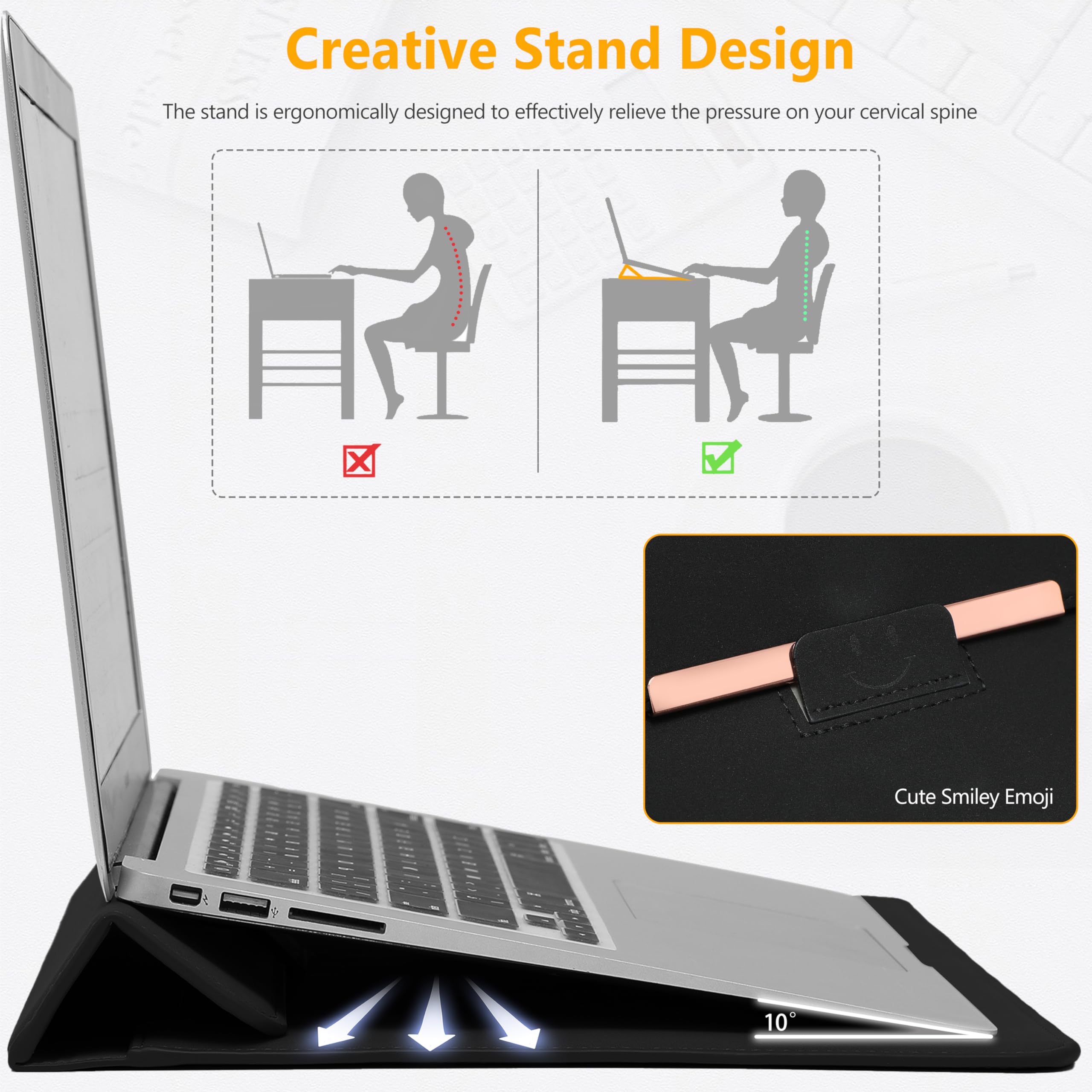 HYZUO 15-16 Inch Laptop Sleeve Case with Stand - Compatible with MacBook Pro 16 M4/M3/M2/M1 Pro/Max (2025-2019), MacBook Pro 15 (2015-2012), Dell XPS 15, Samsung Galaxy Book Flex/Pro 15 - Protective Black Laptop Bag with Smiley Design - Perfect for Work, Travel & School