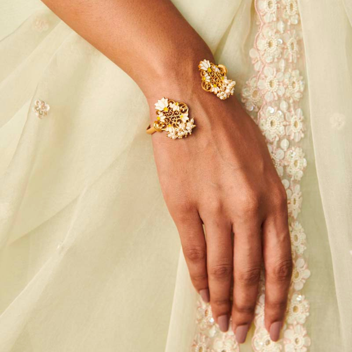 Elegant Glory Lotus Cuff Bracelet - White Enamel Bangle for Women | Perfect for Weddings, Parties & Special Occasions