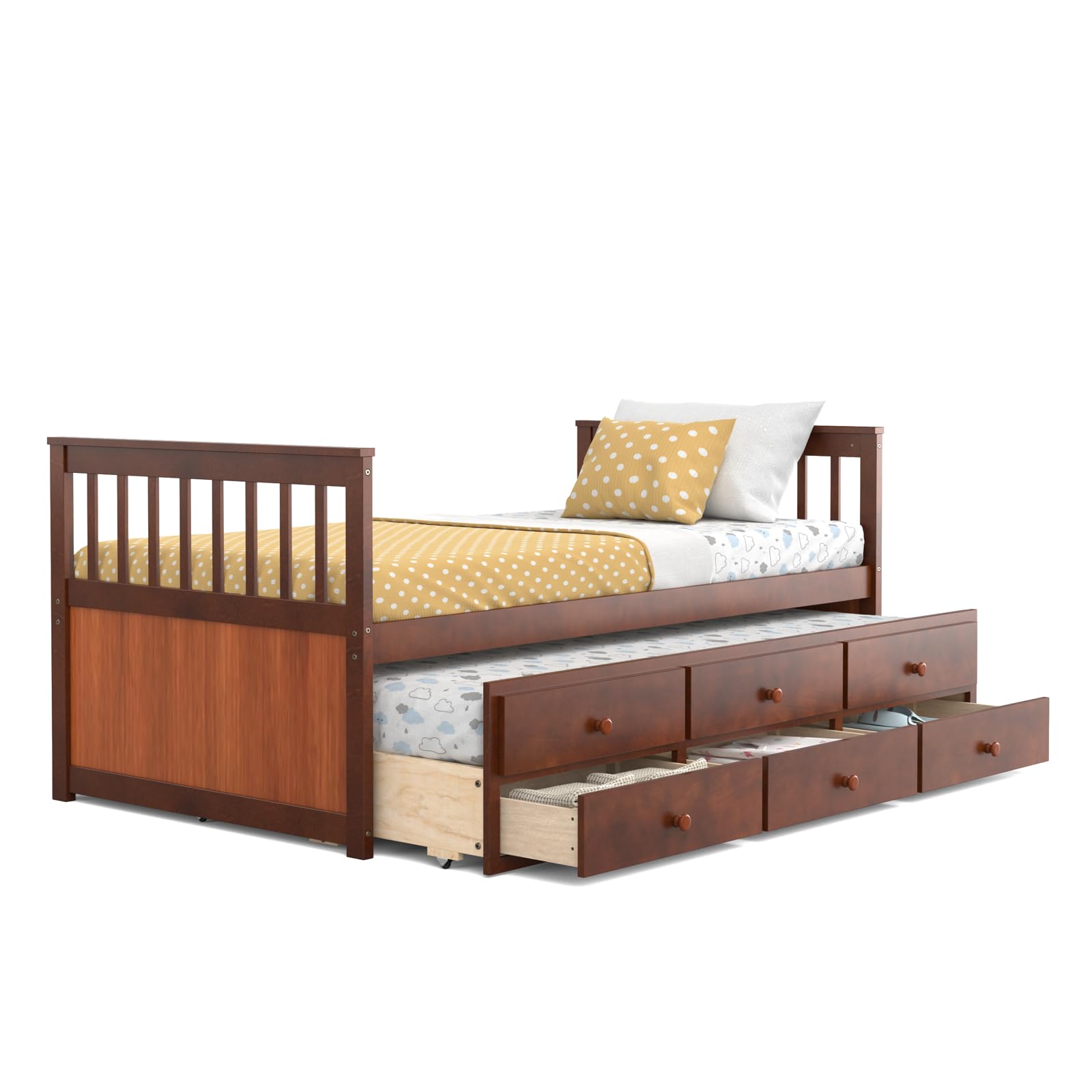KOMFOTT Twin Size Wooden Trundle Bed with Storage Drawers - Space-Saving Daybed Frame, No Box Spring Needed, Captain’s Bed for Guest Room, Kids Room & Small Apartments