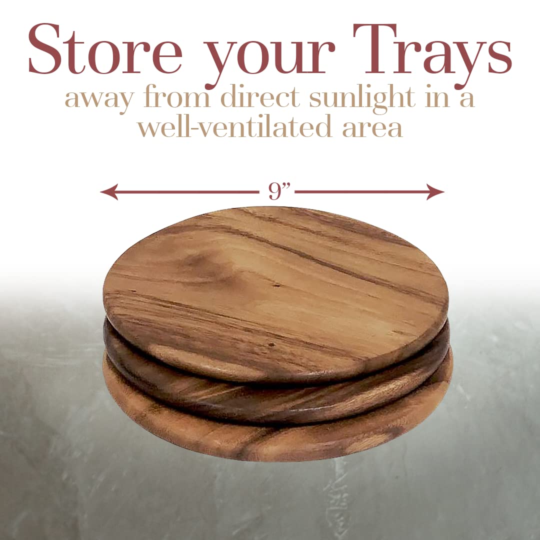 Woodard & Charles Acacia Wood Serving Plates Set of 4 - 9 Inch Round Charcuterie Boards for Sushi, Dessert, Bread & Cheese | Perfect for Dinner Parties, Picnics & Entertaining