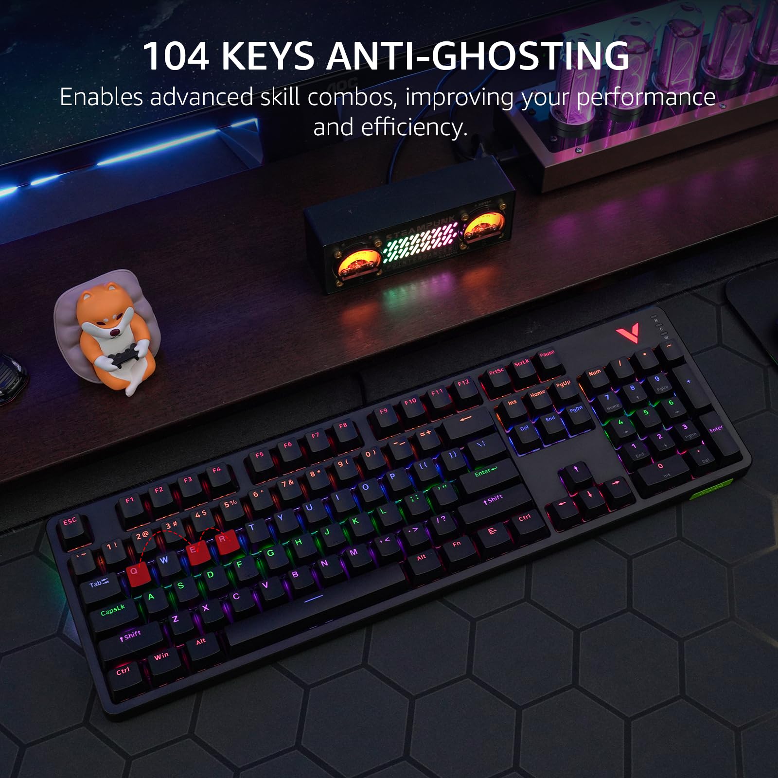 RAPOO V500Pro Full-Size Mechanical Gaming Keyboard - 104 Keys with Anti-Ghosting, Customizable RGB Backlight, Brown Switches, USB-C, Durable Design for PC Gamers - Perfect for Esports, Streaming & Office Work (2024 Edition)
