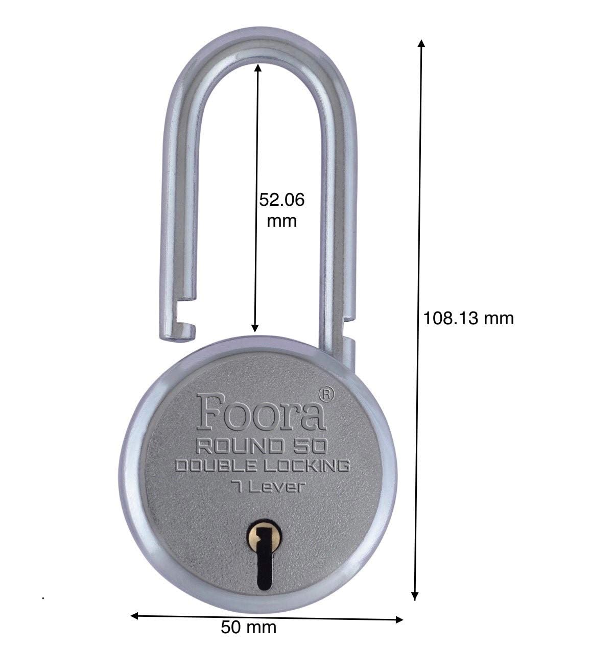 Foora 50mm Round Long Neck Shackle Padlock with 5 Keys - Double Locking 7 Lever Security Lock for Home, Gate, Shutter, Shed, Toolbox & Storage - Durable Outdoor & Indoor Use for Enhanced Protection
