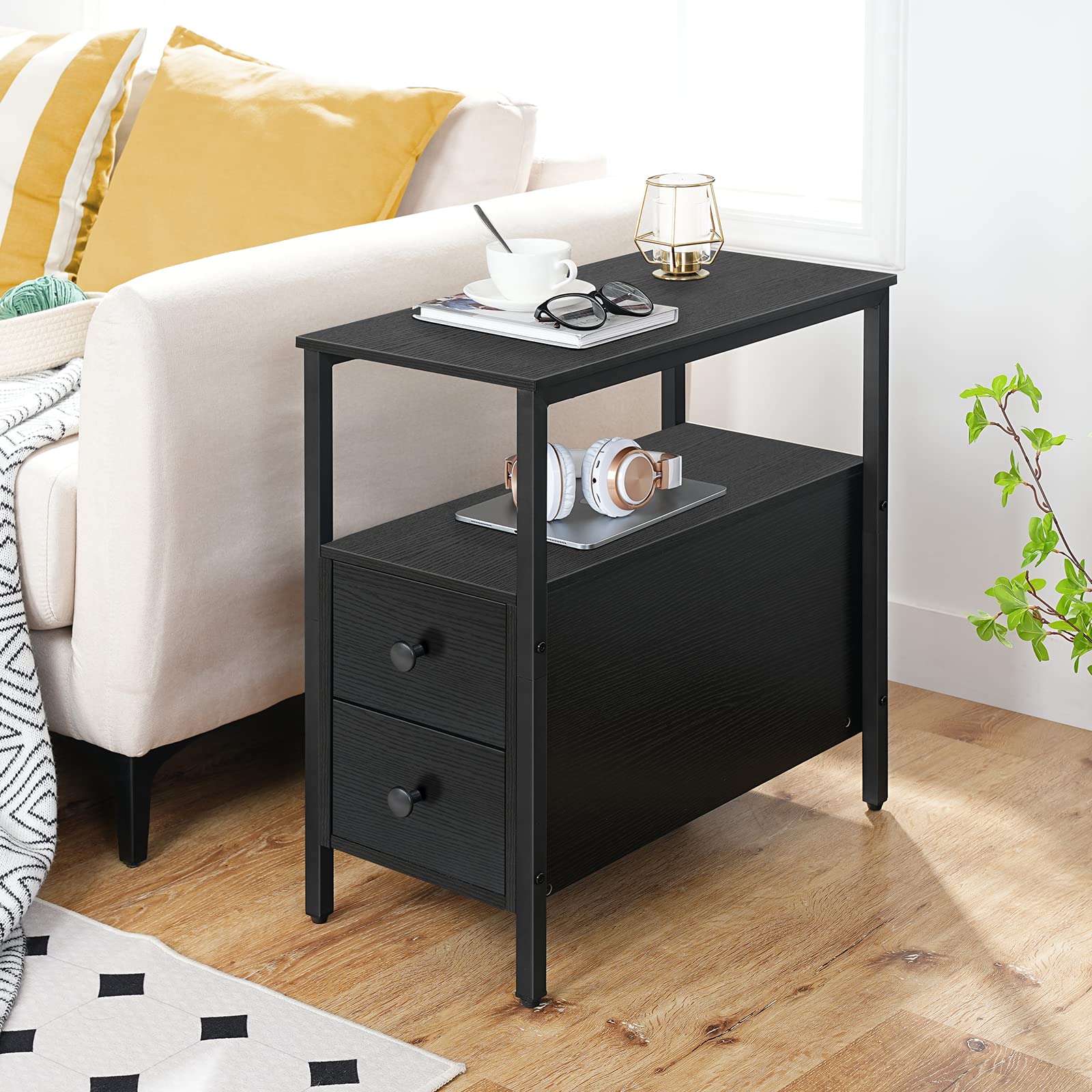 HOOBRO 2-Piece End Table Set with 2 Drawers & Open Shelves - Narrow Nightstand for Small Spaces, Wood Look Accent Table in Black (BK54BZP201G2) - Perfect for Living Room, Bedroom, or as Recliner Side Table