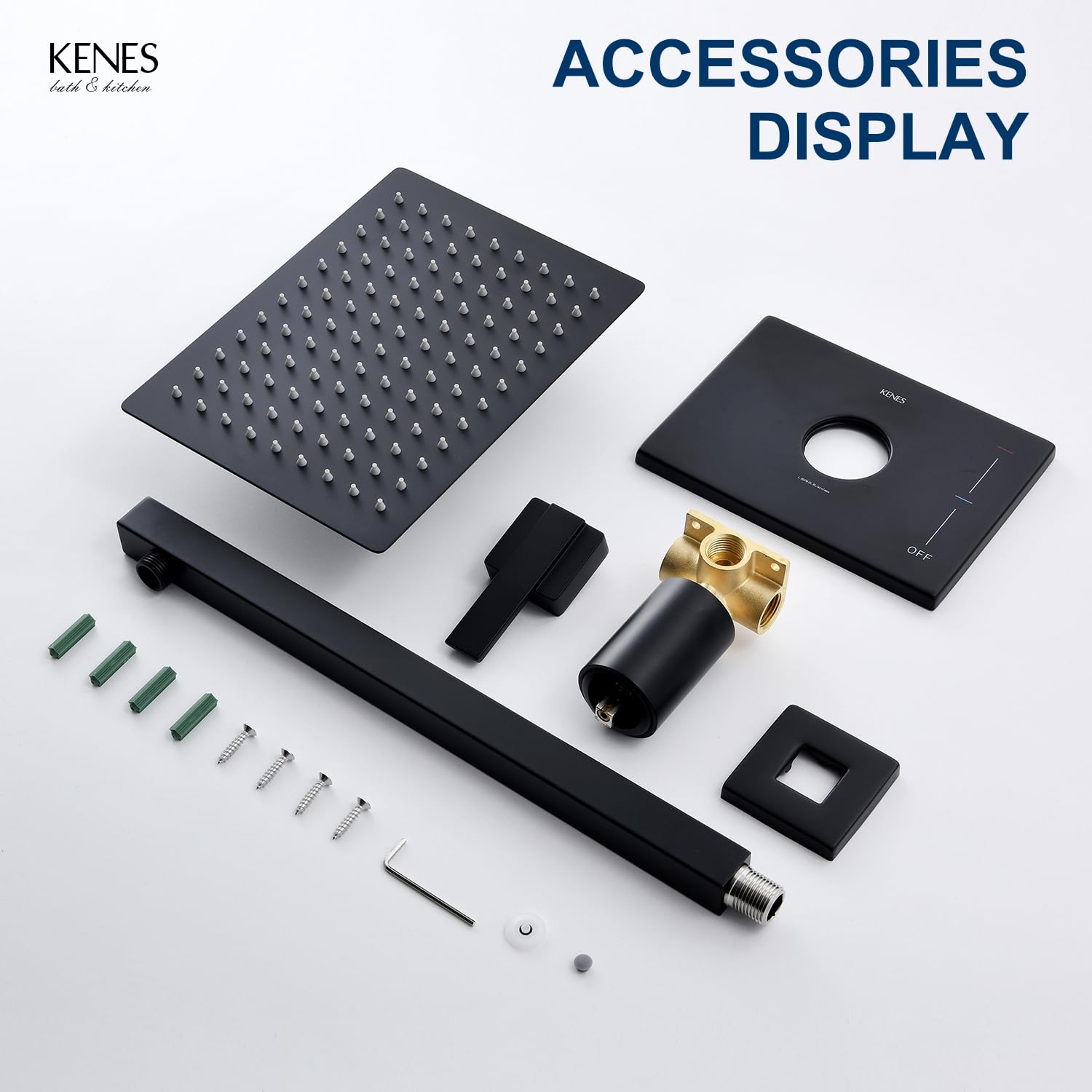 Kenes Matte Black Square Shower Faucet Set with Single-Spray Wall Mount Shower Head & Valve Included (Model KE-6024B-2) - Perfect for Modern Bathroom Renovations and Spa-Like Shower Experiences
