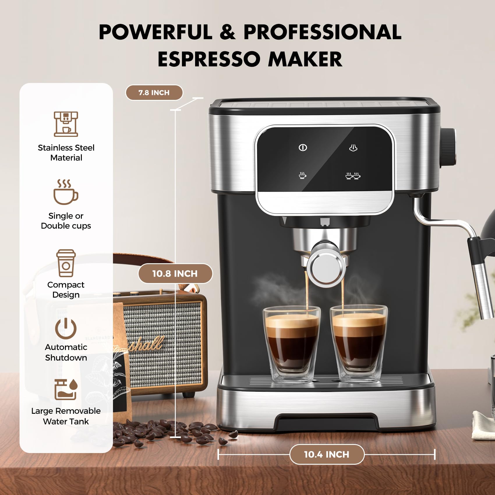 20 Bar Professional Espresso Machine with Auto Milk Frother - Compact Home Coffee Maker with LED Touch Screen & 61OZ Removable Water Tank - Perfect for Lattes, Cappuccinos & Home Baristas - Ideal for Small Kitchens, Offices & Coffee Enthusiasts