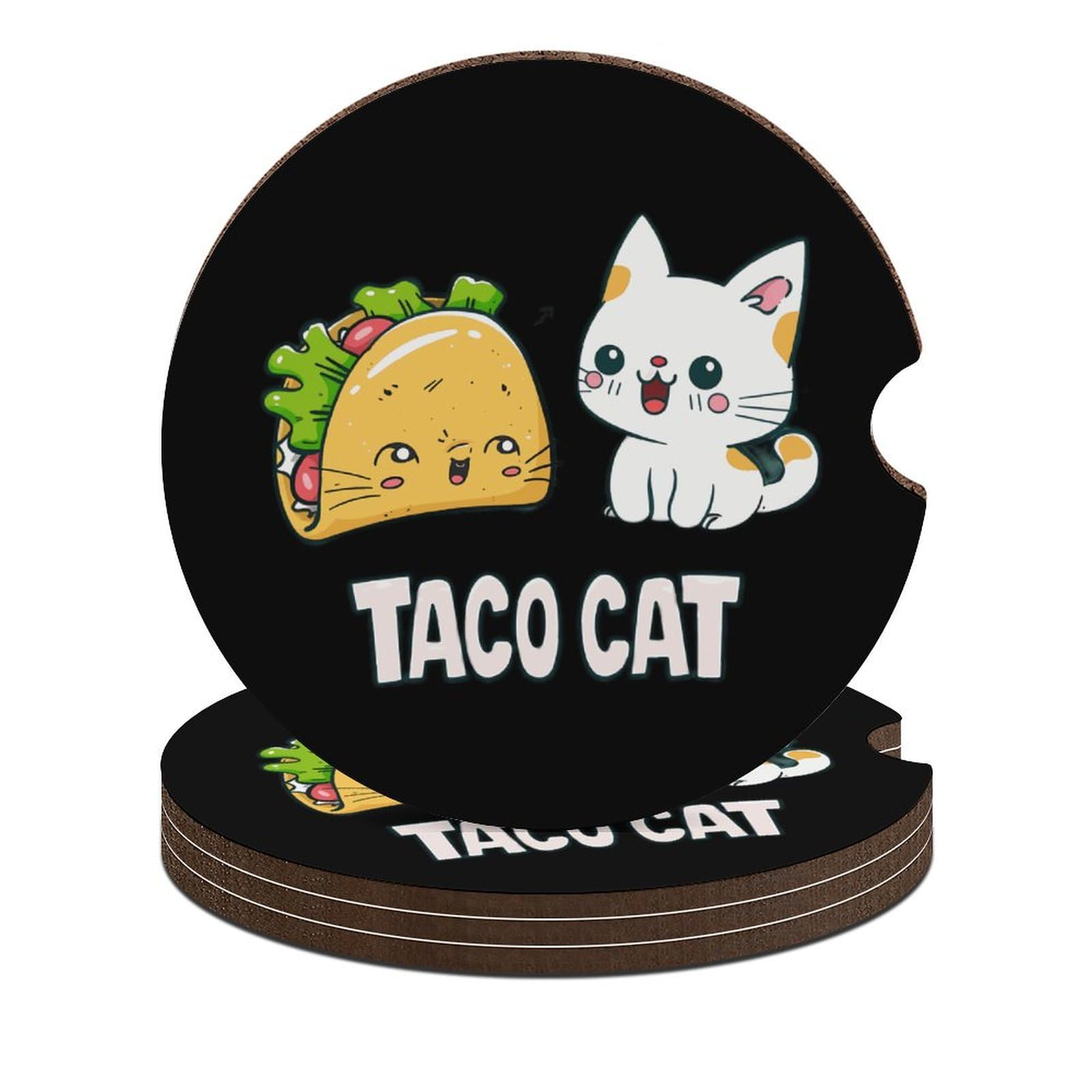 Mexican Tacos Cat Car Coasters - 4PCS Cork Base Drink Coasters for Cup Holders, Cute Animal Auto Accessories - Perfect for Road Trips & Coffee Lovers