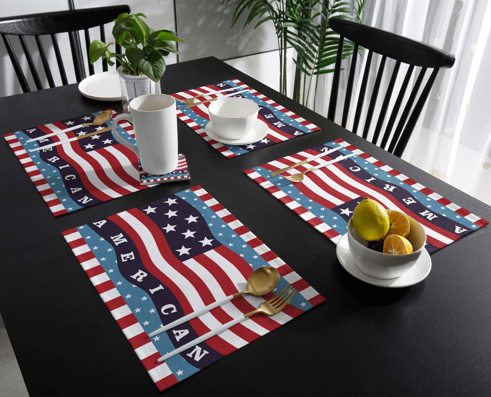 6-Pack American Flag Placemats - Heat-Resistant, Non-Slip & Washable Table Mats for Kitchen, Dining & Outdoor Use - Perfect for 4th of July, Patriotic Decor & Weddings