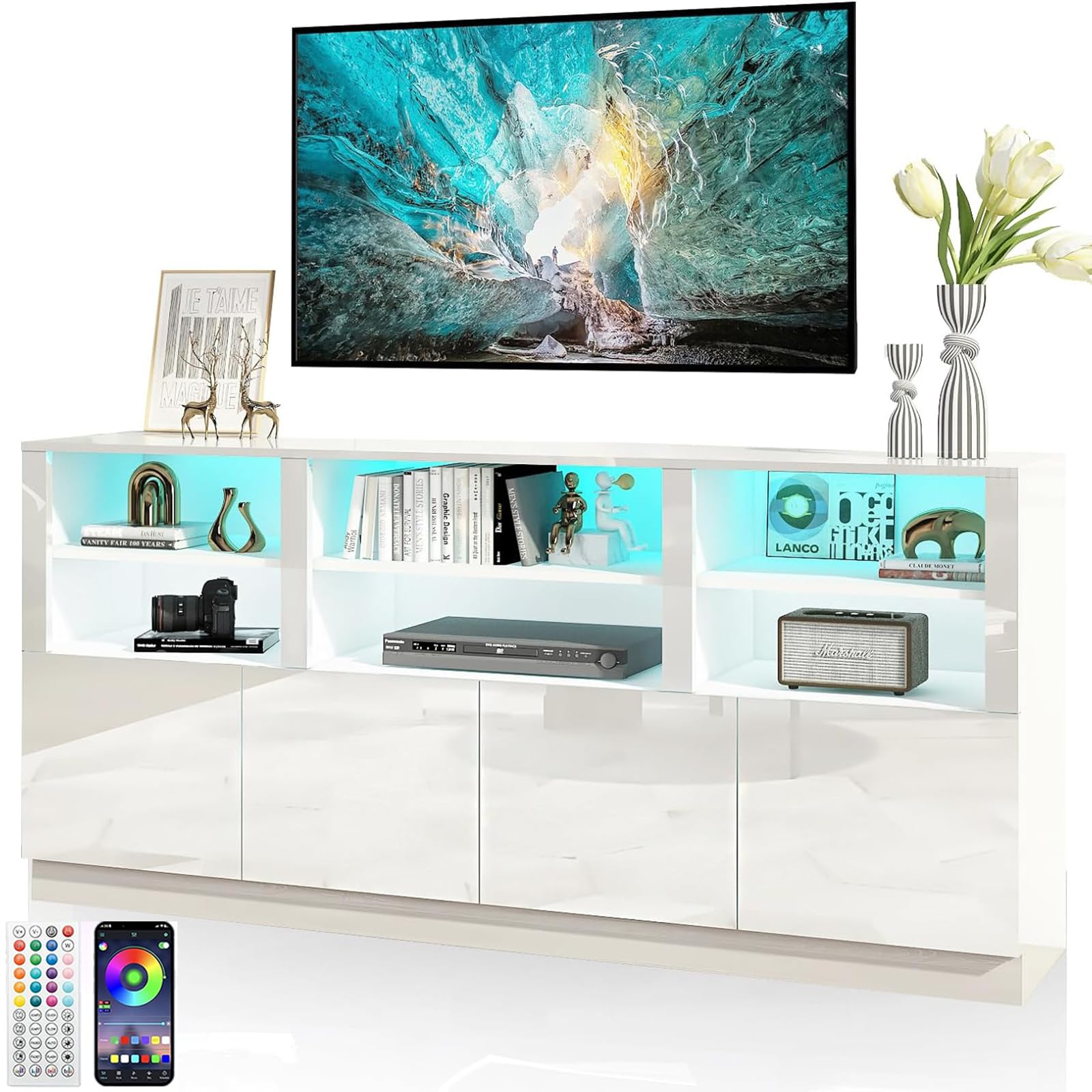 Modern White TV Stand for 65/75/80/85 Inch TVs with RGB LED Lights - 32