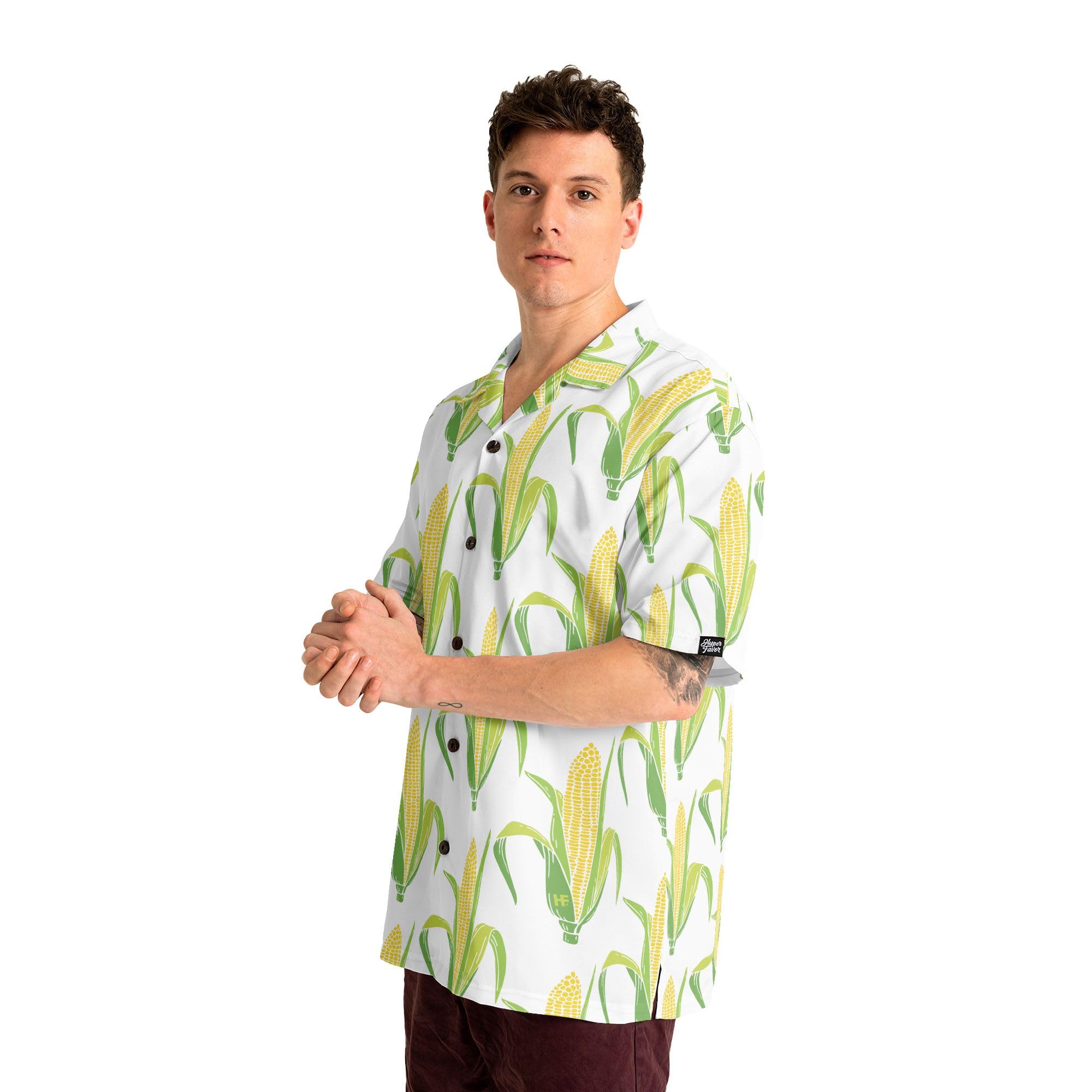 HYPERFAVOR Corn Print Hawaiian Shirt for Men & Women - Short Sleeve Corn on Cob T-Shirt - Fun Corn Lover Gift for Summer Beach Party & BBQ Outings