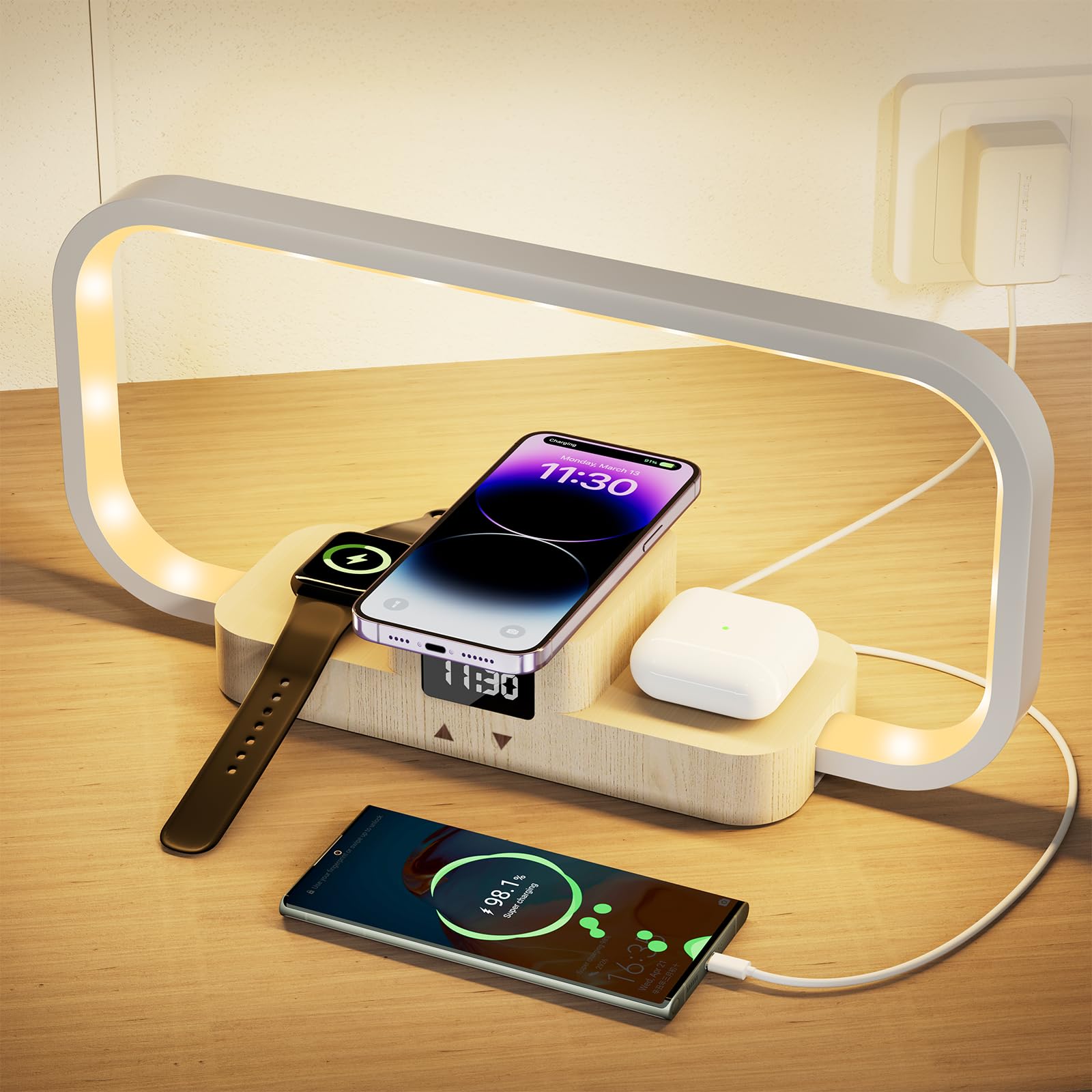 Wireless Charging Bedside Lamp with Stepless Dimming & 5 Color Modes - 3-in-1 Charging Station for iPhone, AirPods & Apple Watch | Touch Control Nightstand Lamp for Bedroom, Living Room & Office
