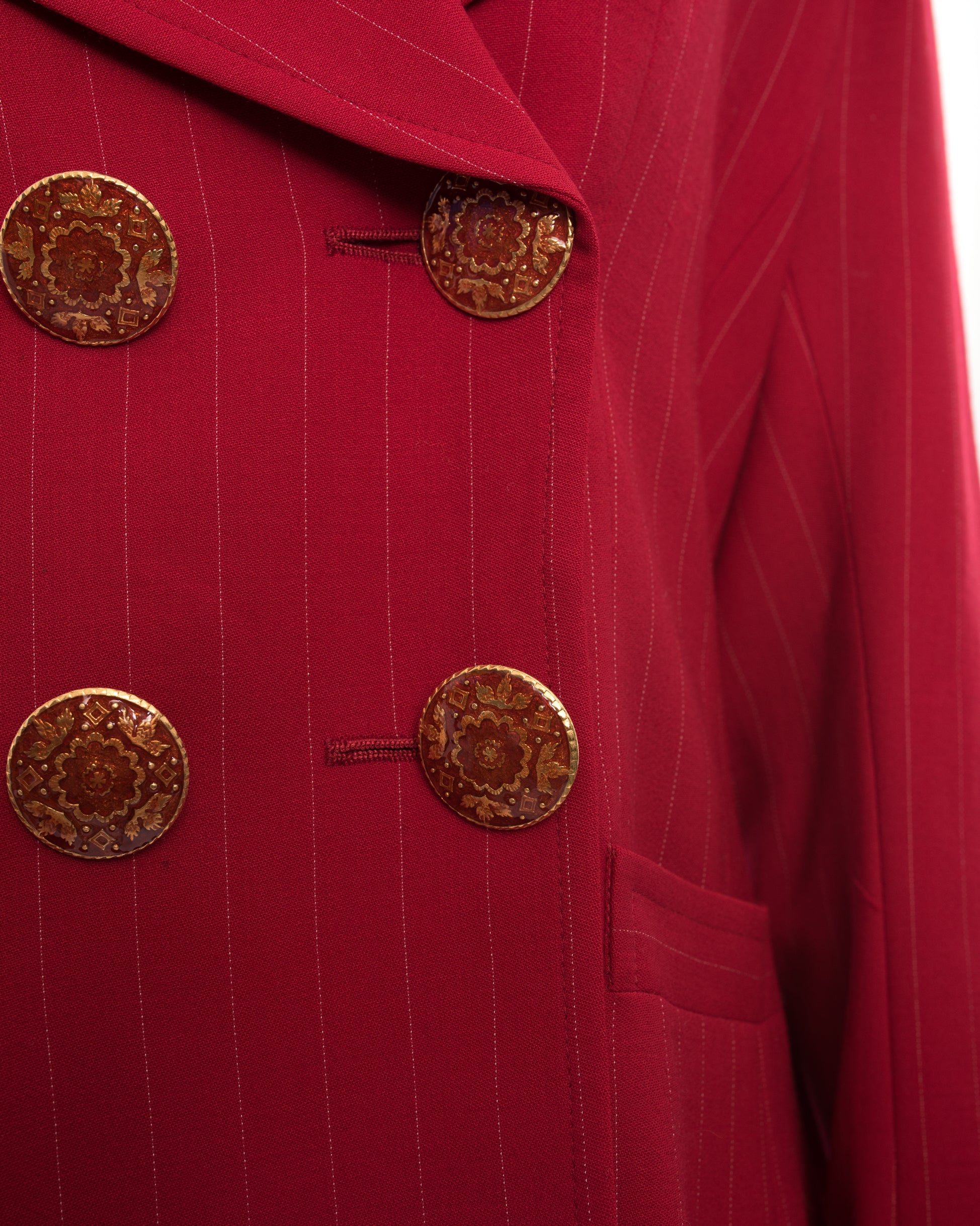 Vintage 1990s Christian Lacroix Red Pinstripe Wool Blazer Jacket for Women - Retro High Fashion Office Wear & Special Occasion Outfit