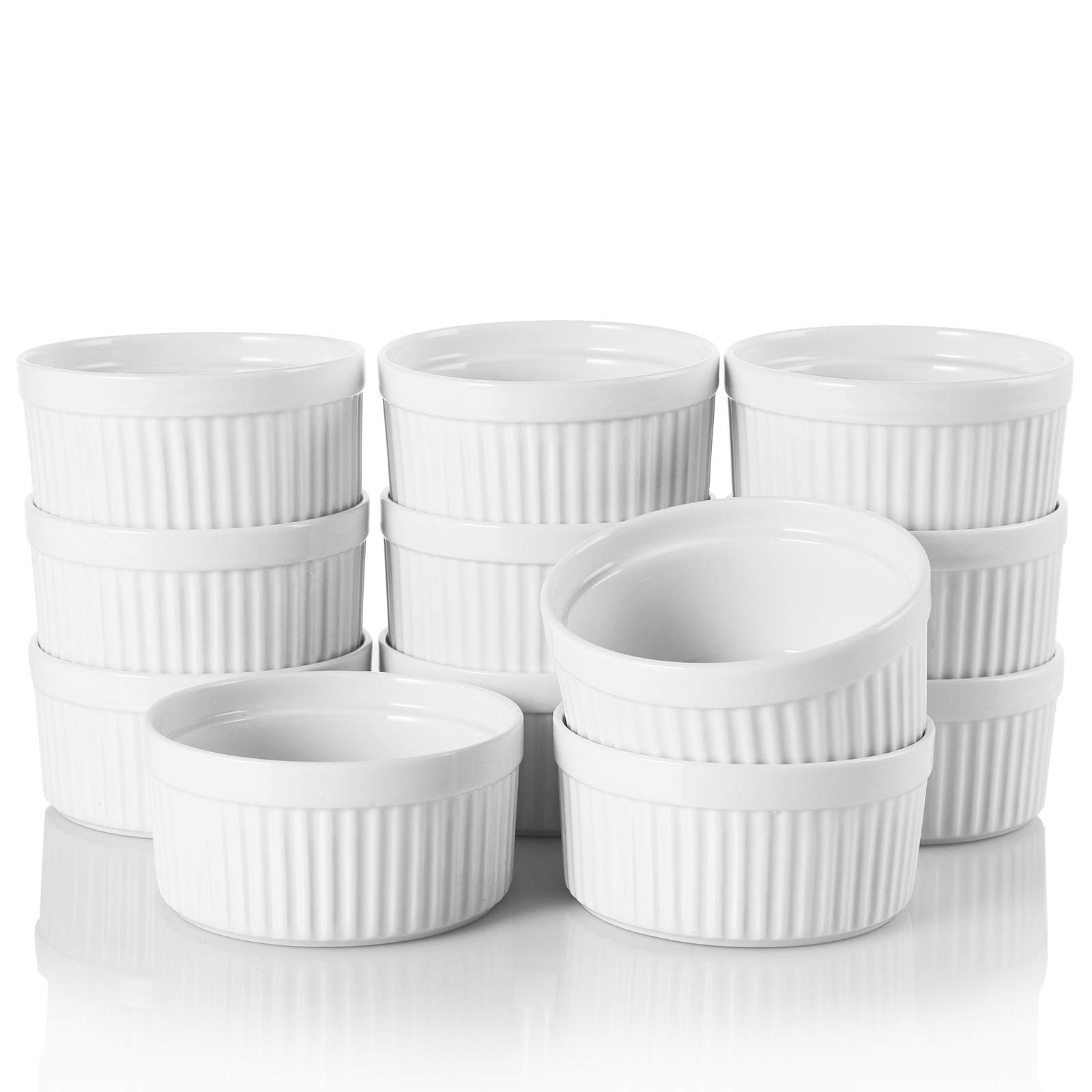 Foraineam 12-Piece 8 oz Porcelain Souffle Ramekins Set - Oven Safe White Baking Dishes for Desserts, Custards, Creme Brulee - Perfect for Baking, Cooking & Serving at Home, Restaurants or Cafes