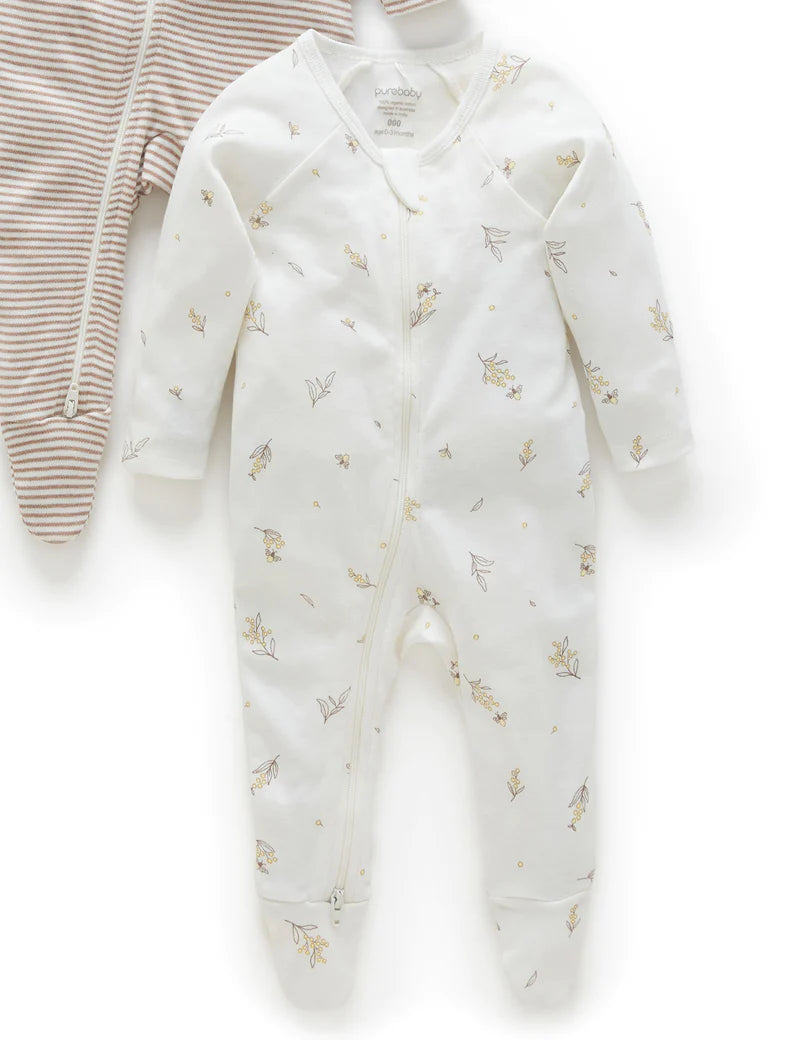 Purebaby Organic Cotton Zip Growsuit 2-Pack - Vanilla Wattle Bee Print | Soft Baby Sleepwear for Newborns & Infants | Perfect for Daycare, Playtime & Comfortable Sleep