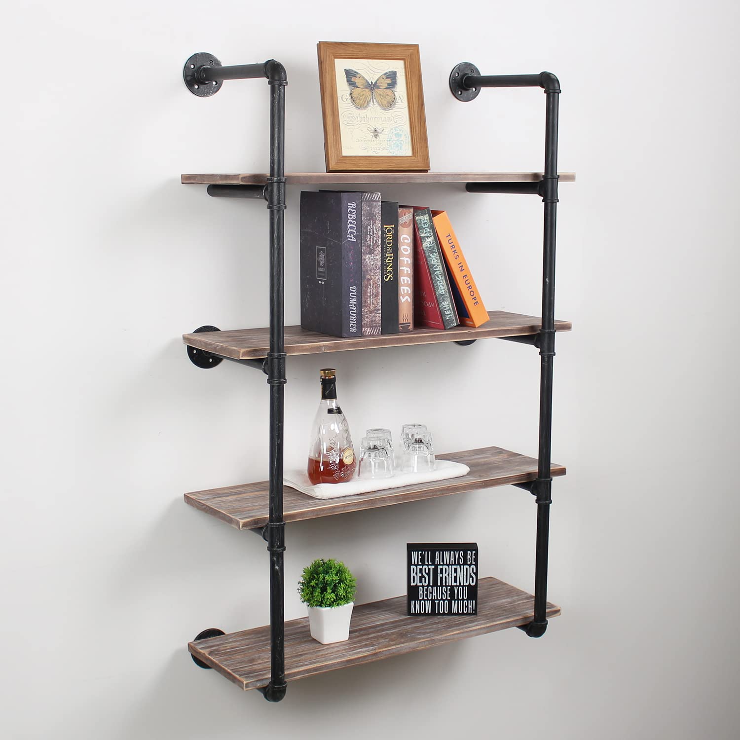 Industrial Pipe Wall Mounted Shelves - 30 Inch Rustic Metal Floating Shelves, Steampunk Wood Bookcase, Farmhouse Kitchen Bar Shelf Unit (4 Tier) - Perfect for Home Office, Living Room, and Kitchen Storage
