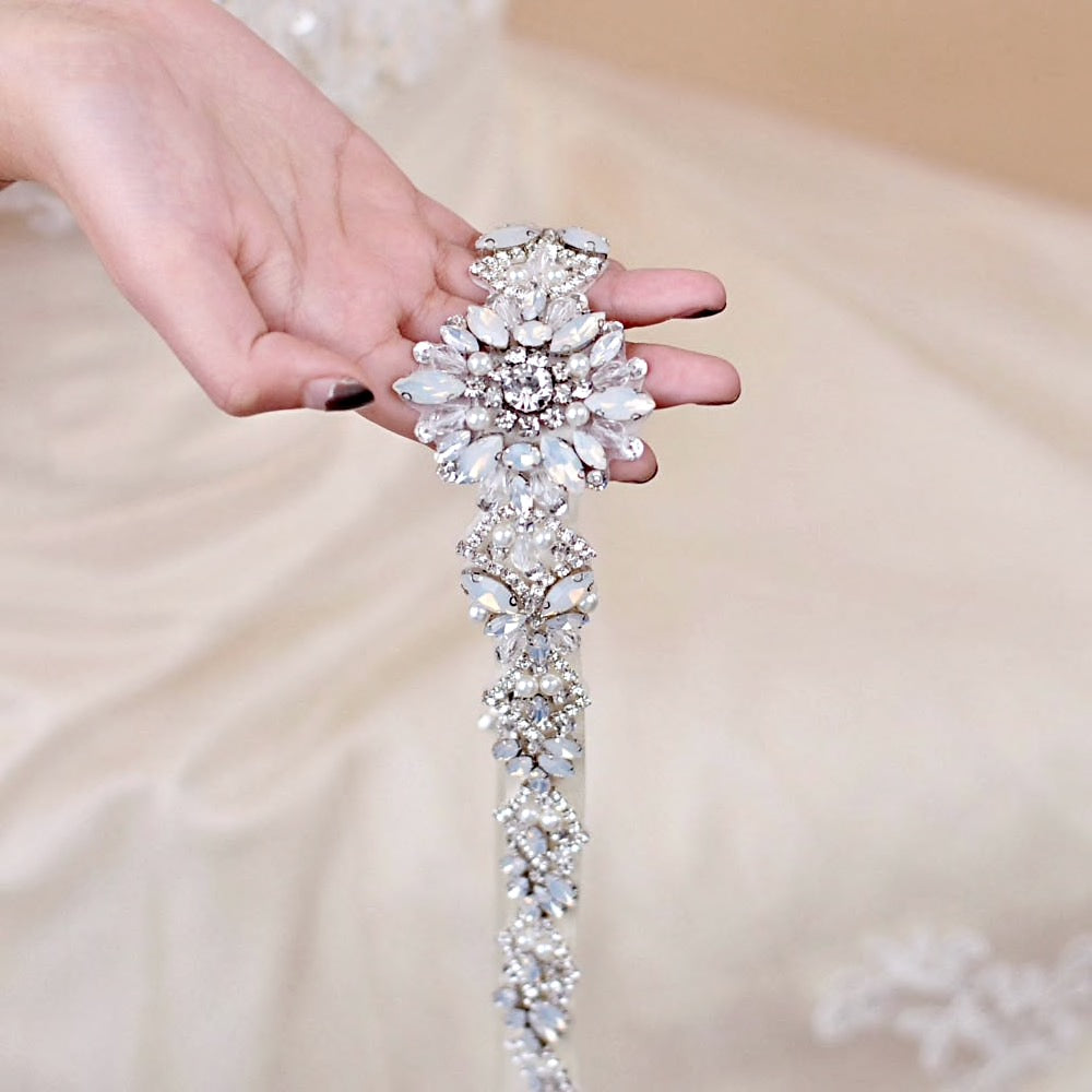 Swarovski Opal & Pearl Wedding Belt for Bride – Elegant Bridal Sash for Wedding Dress, Bridal Shower, and Special Occasions