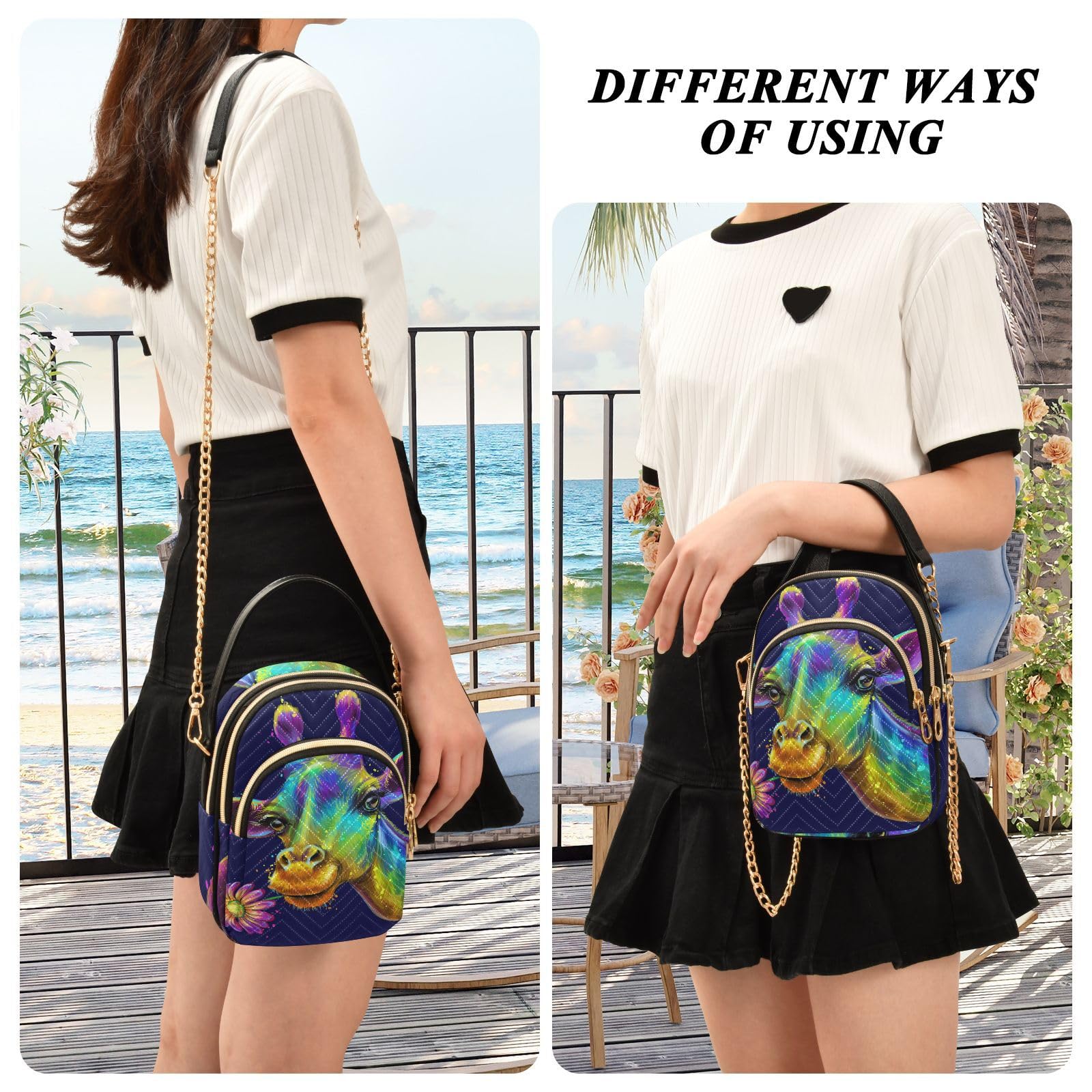 Stylish Mnsruu Women's Crossbody Bag - PU Leather Giraffe Rainbow Flower Design, Adjustable Strap & Multi-Pocket Small Shoulder Purse | Perfect for Travel, Shopping & Daily Use