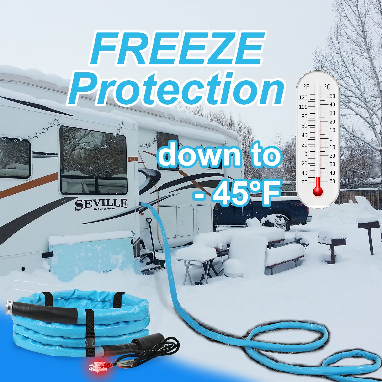 OEBLD 15ft Heated RV Water Hose with Energy Saving Thermostat | Freeze Proof Down to -45℉ | 5/8